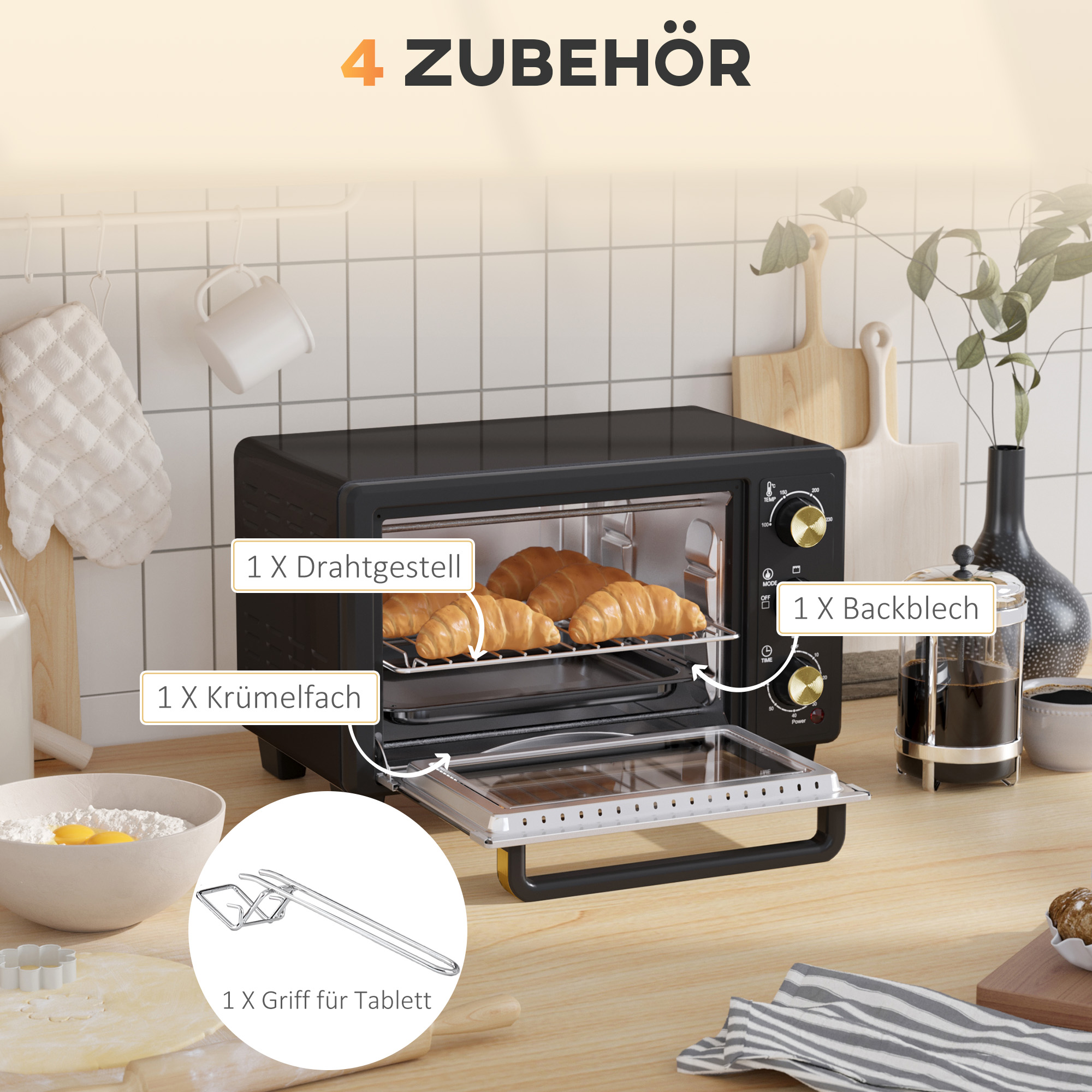 Mini-Ofen, Toasterofen, Timer, Gitterrost, Backblech, Glasfenster, Metall, Schwarz