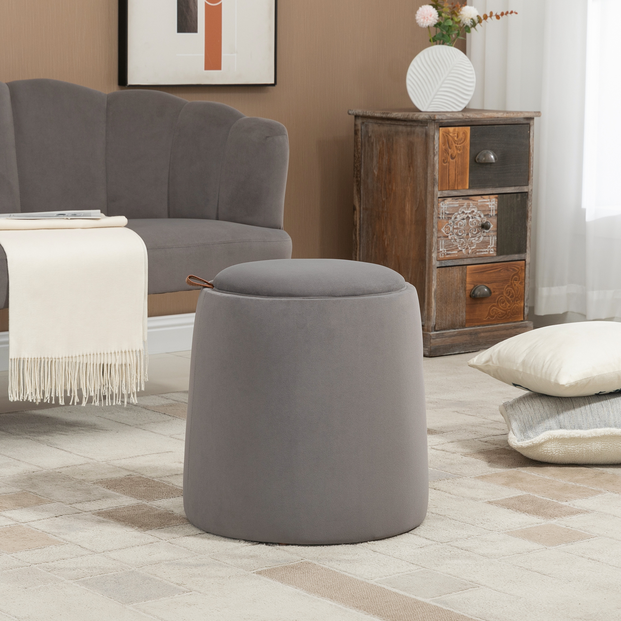 2-in-1 Hocker in Samtoptik inklusive Stauraum und abnehmbaren Deckel ?44 cm x 47,5 cm Grau