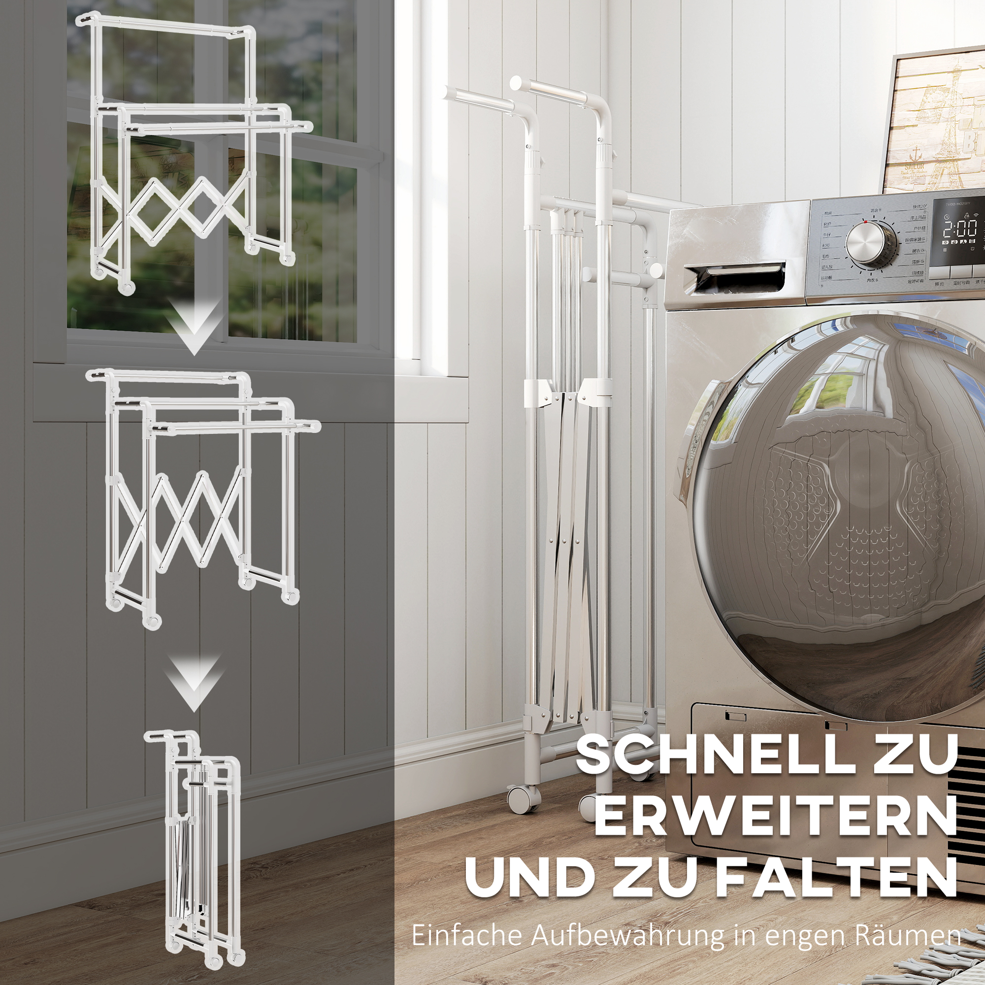 Wäscheständer, Faltbarer Standtrockner mit 3 verstellbaren Stangen, Edelstahl Turmwäscheständer auf Rollen, Wäscheturm Wäschetrockner für Innen und Außen