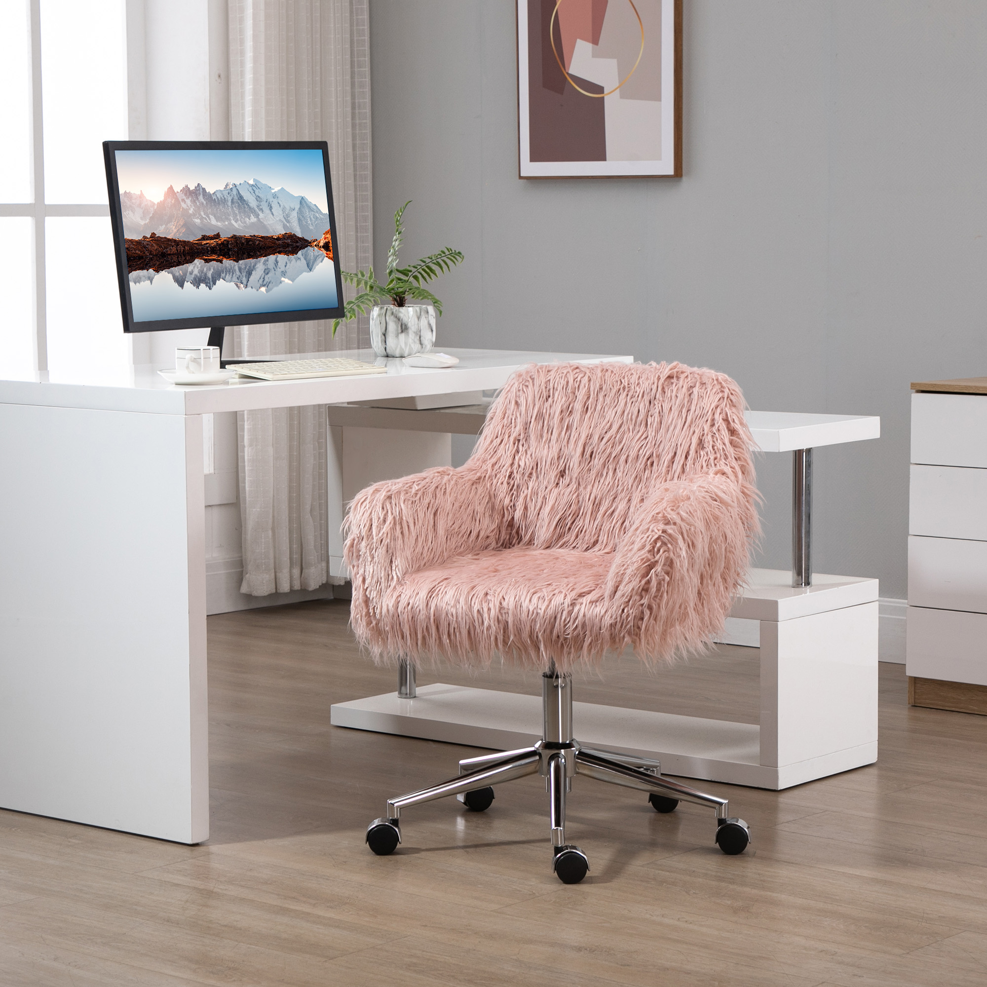 Chefsessel Drehstuhl Computerstuhl Schminkstuhl mit Kunstfell Sitzhöhenverstellung für Mädchen Kunstpelz Schaumstoff Rosa+Silber 57 x 60 x 75-85 cm