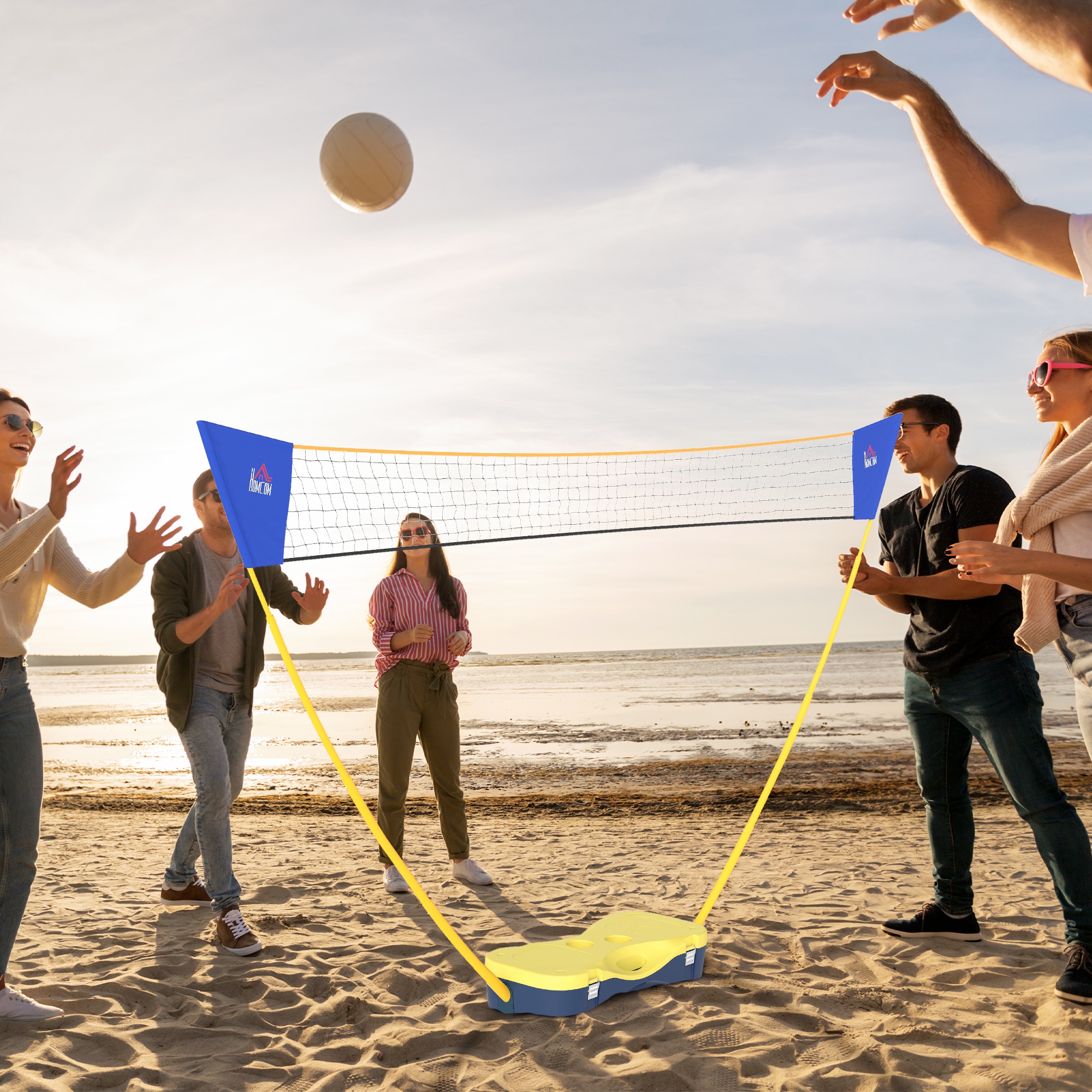 Badminton Netz mit Stand, Badminton-Netzständer, tragbarer Netzständer, Badmintonnetz mit 4 Badminton-Schlägern, Outdoor-Sport, Gelb+Blau, 286 x 33 x 157 cm