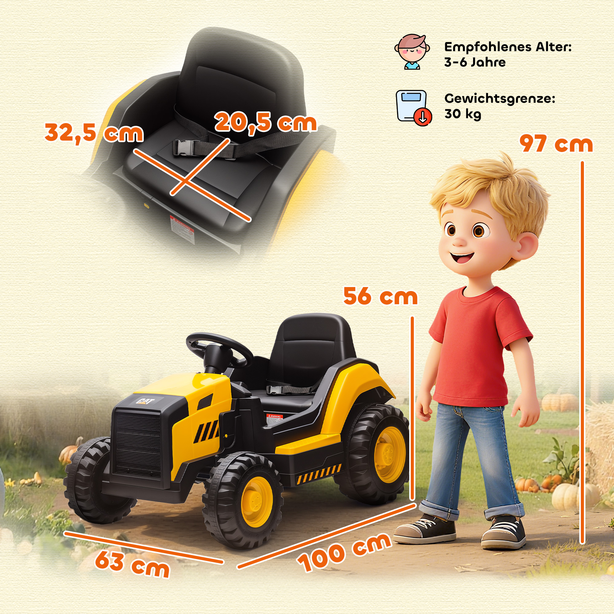 Kinder-Baufahrzeug, Aufsitzauto für Kinder, Fernbedienung, manuelle Steuerung, Bluetooth+Musik-Funktion, 3-6 Jahre, Kunststoff, Stahl, Gelb