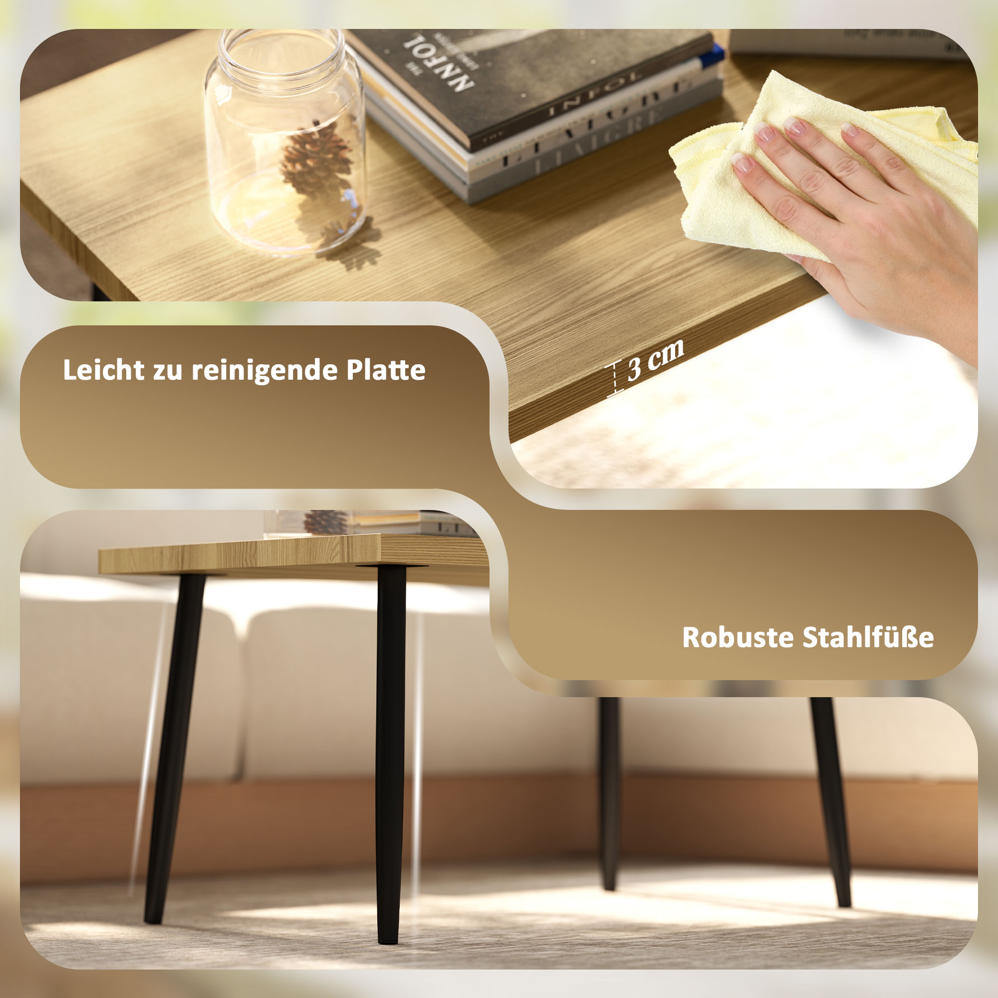 2er-Set Kaffeetische, Großer und kleiner Tisch mit Metallrahmen und Holzplatte, Flexible Couchtische, Naturholz