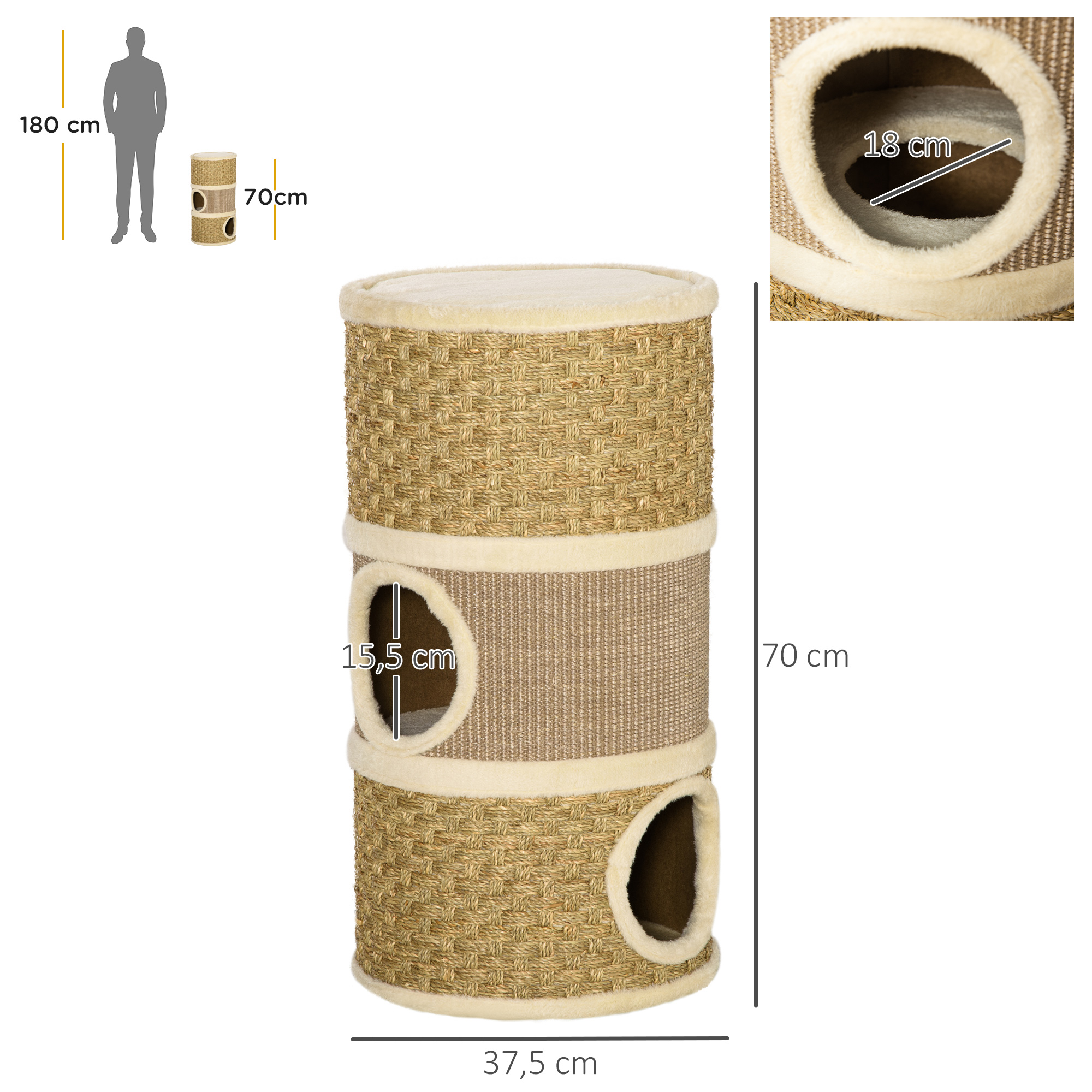 Kratztonne, Höhe 70 cm, Katzenkratzbaum für katzen 3 Ebenen Katzenbaum Kletterbaum Katzenmöbel mit Sisal Plüsch