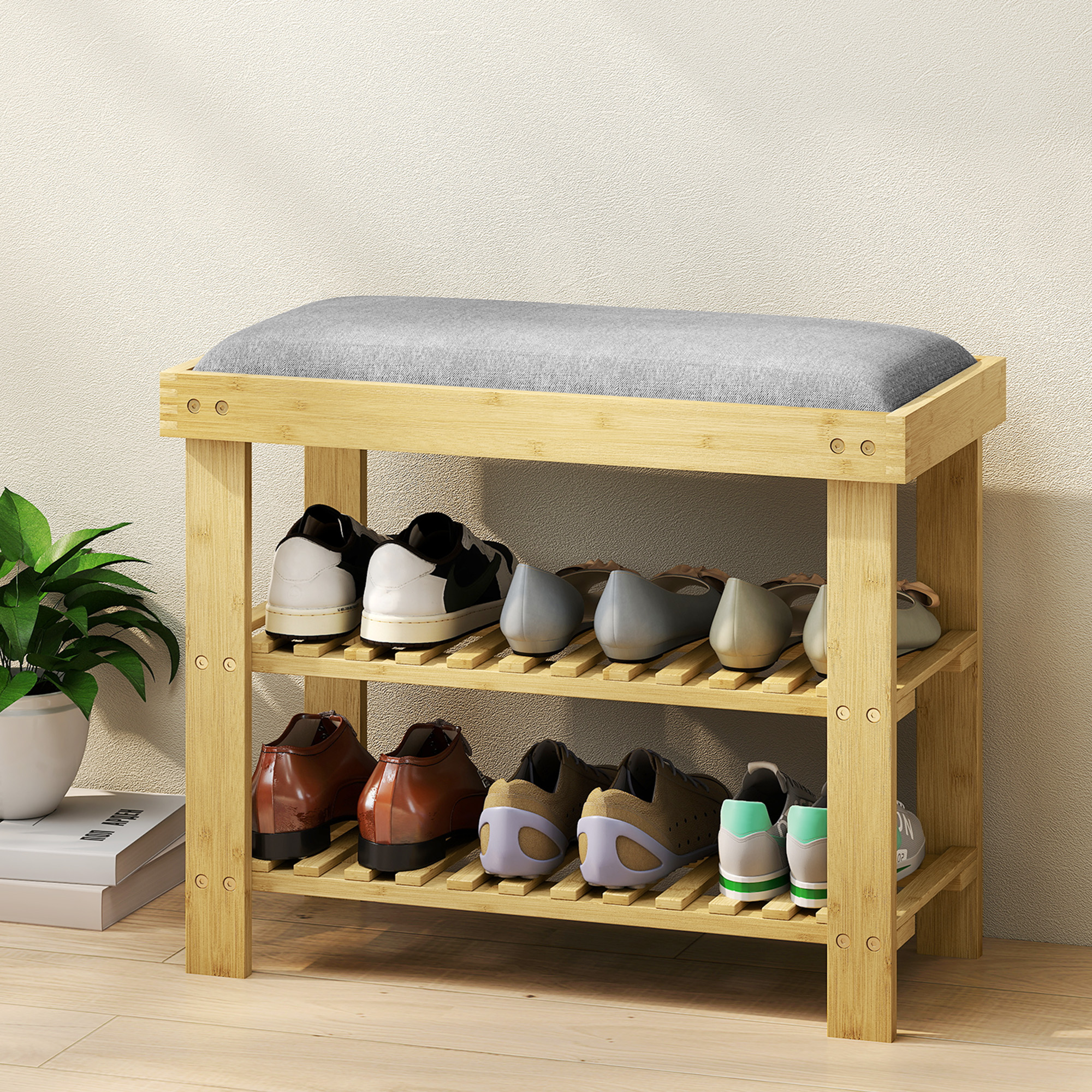 Schuhbank mit Sitzfläche, Bambus Sitzbank mit Stauraum, 2 offene Fächer, Sitzbank 60 x 29 x 49 cm Grau