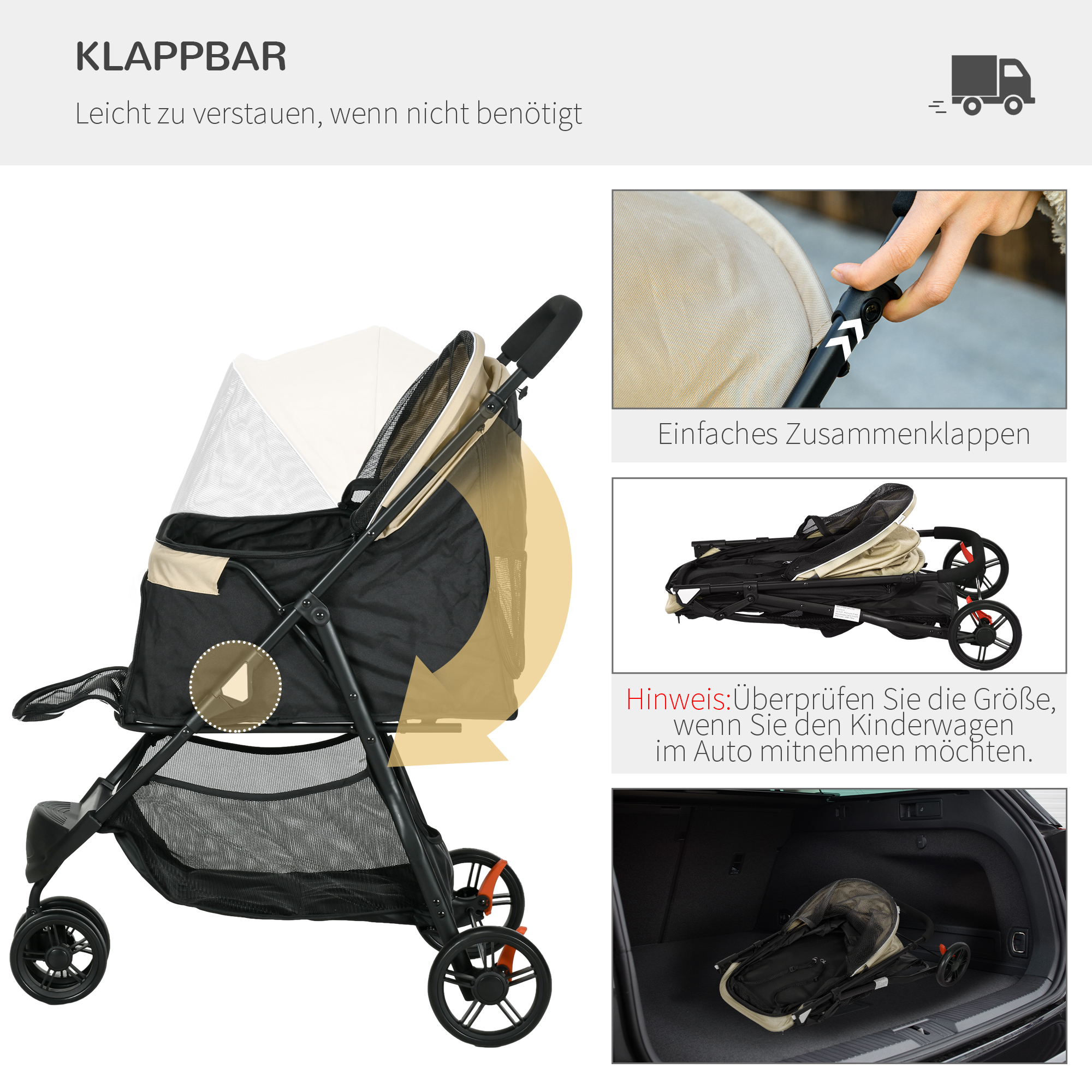 Haustierbuggy Hundebuggy, klappbar, mit Regenschutz, 2 Getränkehalter, Blau +  Khaki