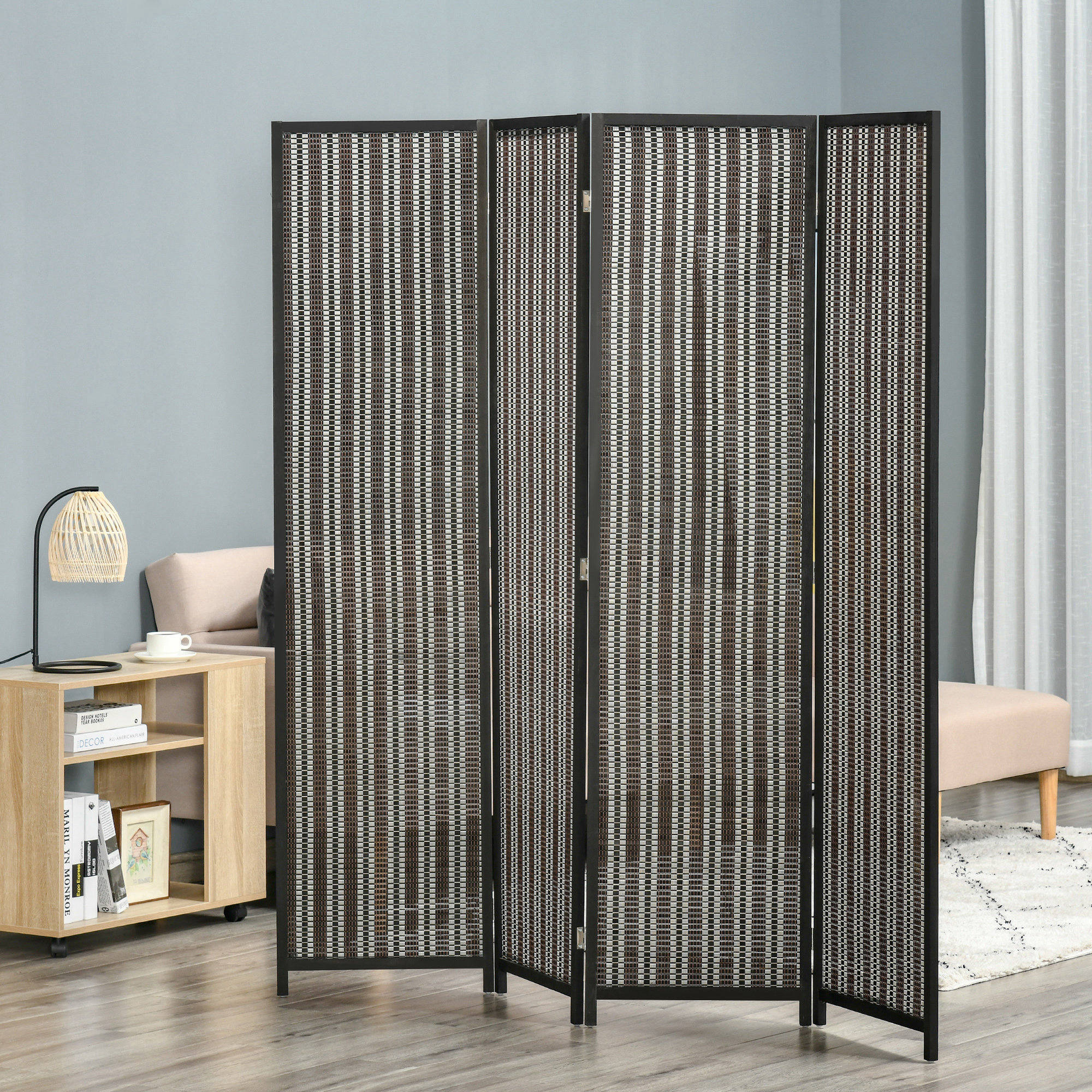 Raumteiler, faltbar, Kiefernholz/Bambus, 180 x 180 cm, Braun/Schwarz