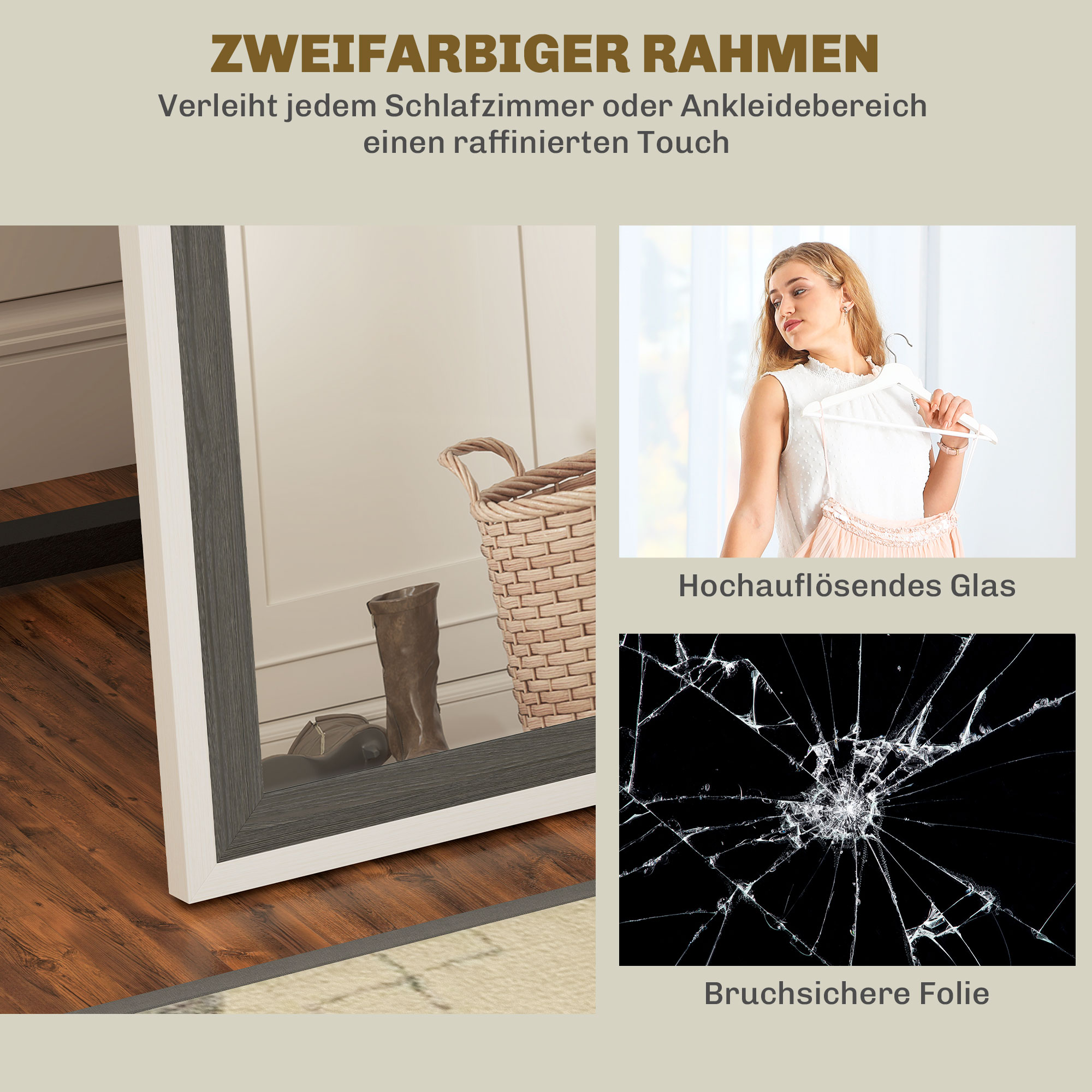 Ganzkörperspiegel, MDF-Rahmen, splitterfreie Folie, 162,6 x 53,3 cm, Grau