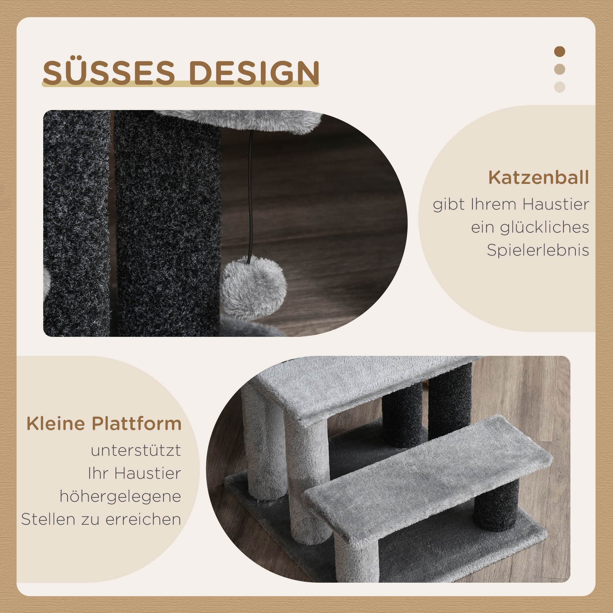 Katzentreppe 3-stufige Haustiertreppe mit Kratzsäulen Ball Hundetreppe Tiertreppe für Katzen bis 5 kg Plüsch Jute Grau 45 x 40 x 48 cm