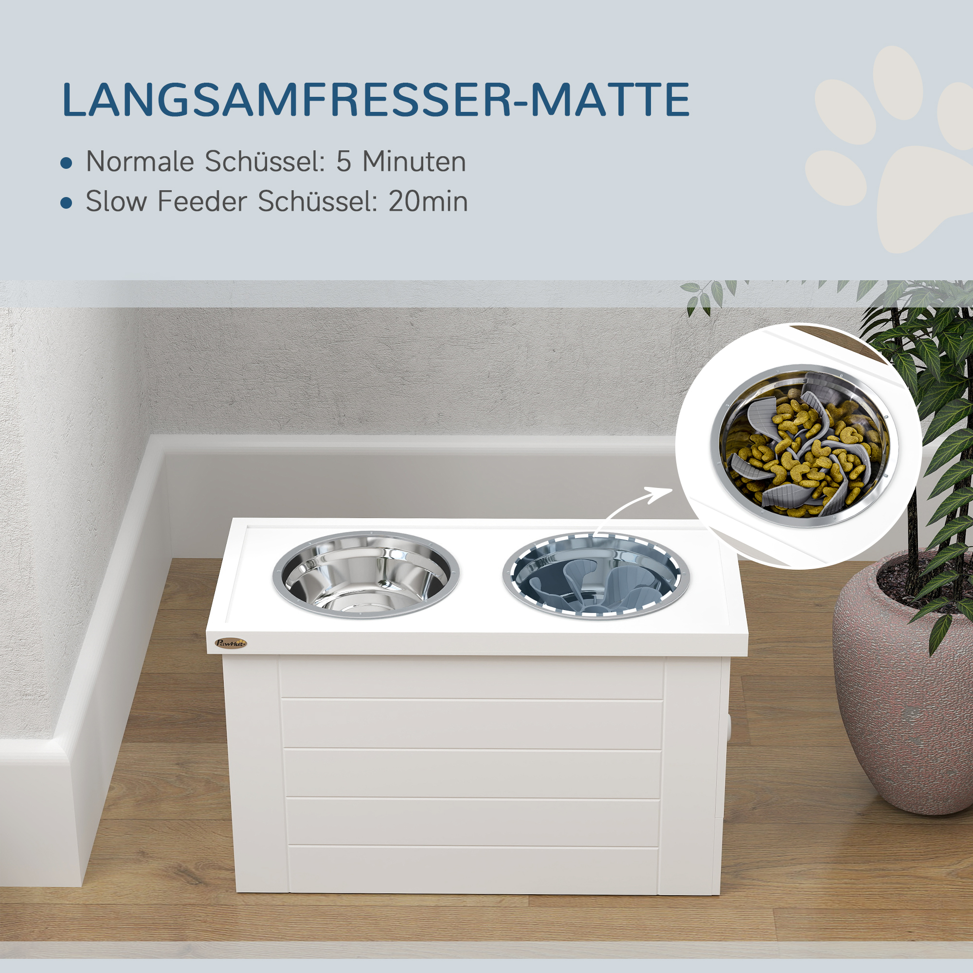 2-in-1 Erhöhter Hundenapf Höhenverstellbar Futternapf mit Ständer 2 x 2L Edelstahlnäpfen Weiß