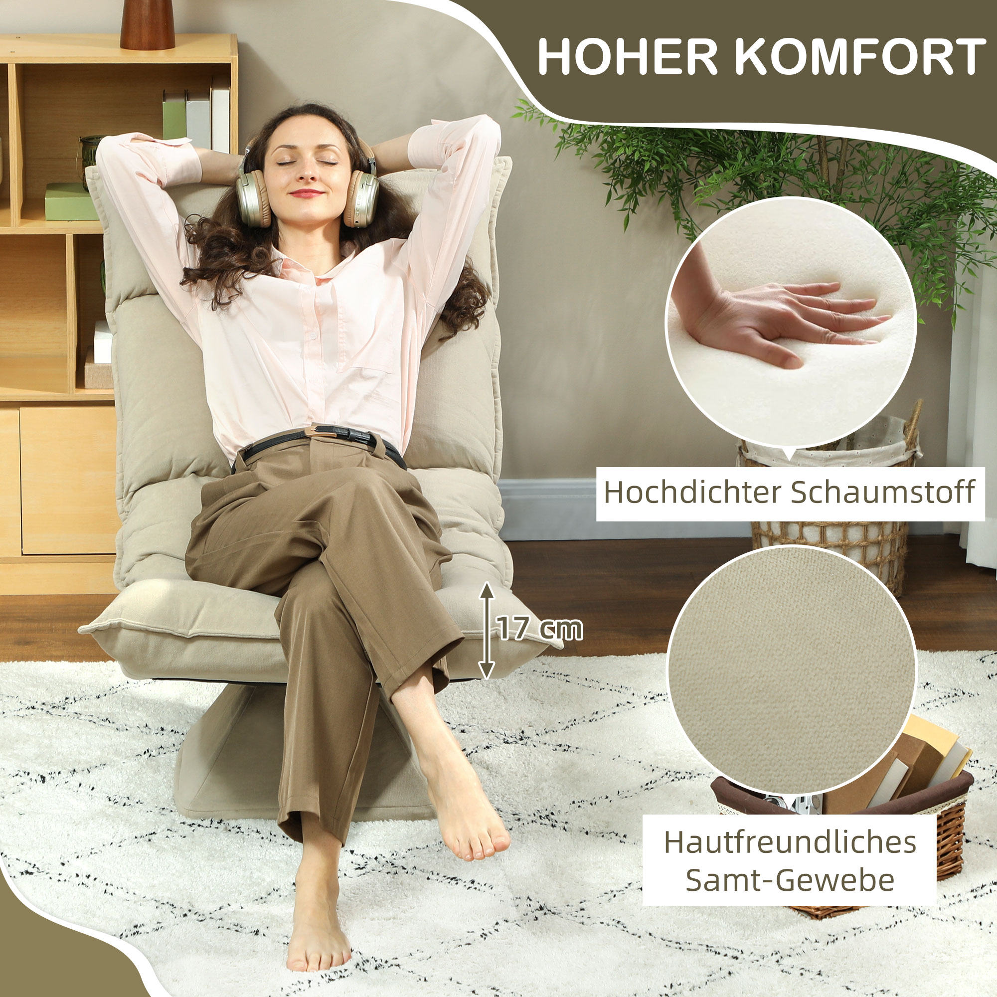 Bodensessel mit 5-fach verstellbarer Rückenlehne, drehbar, moderner Polsterstuhl, Beige