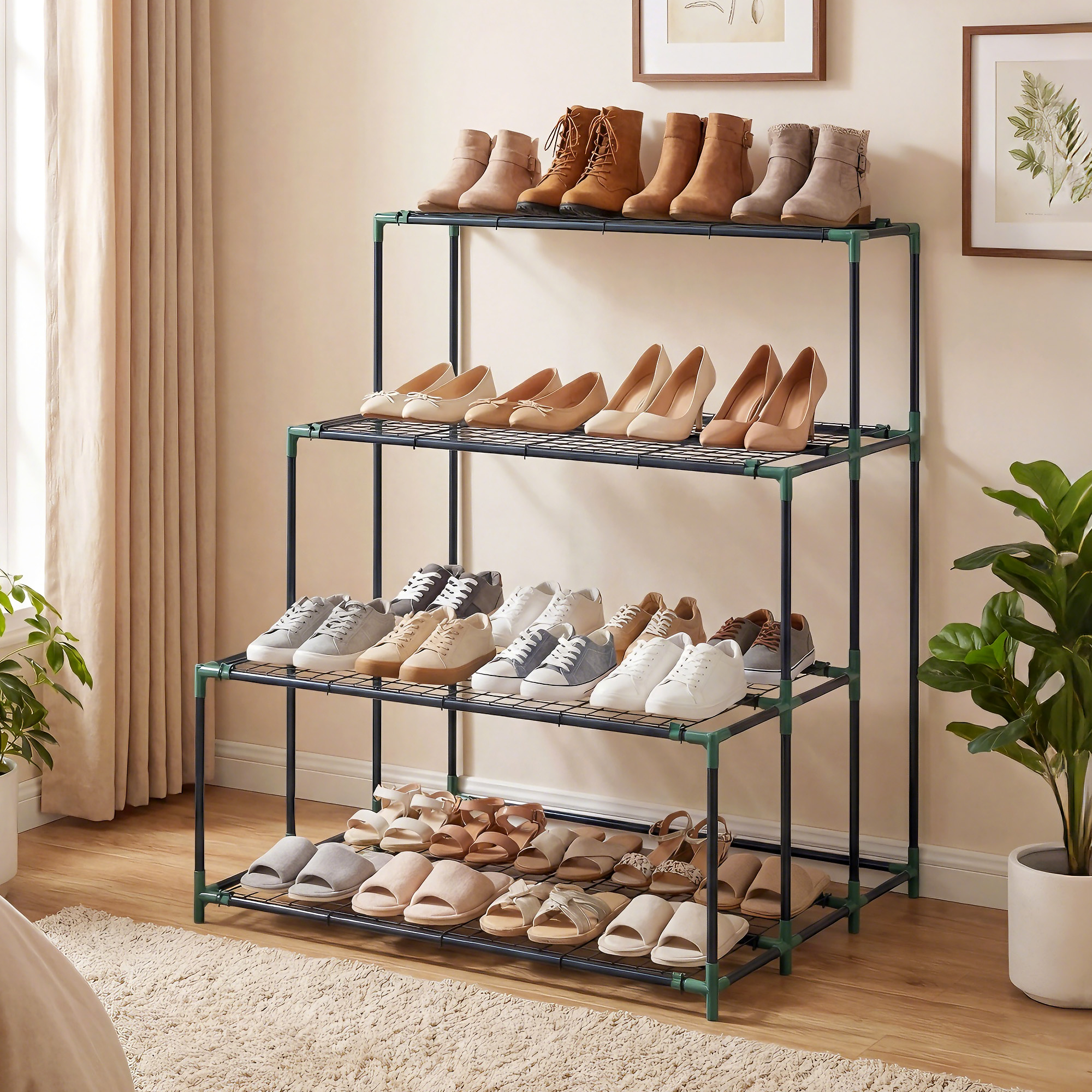 4-Etagen Pflanzenständer, 110 cm hoch Blumenständer mit 24 Clips, Pflanzenregal aus Stahl Dunkelgrün