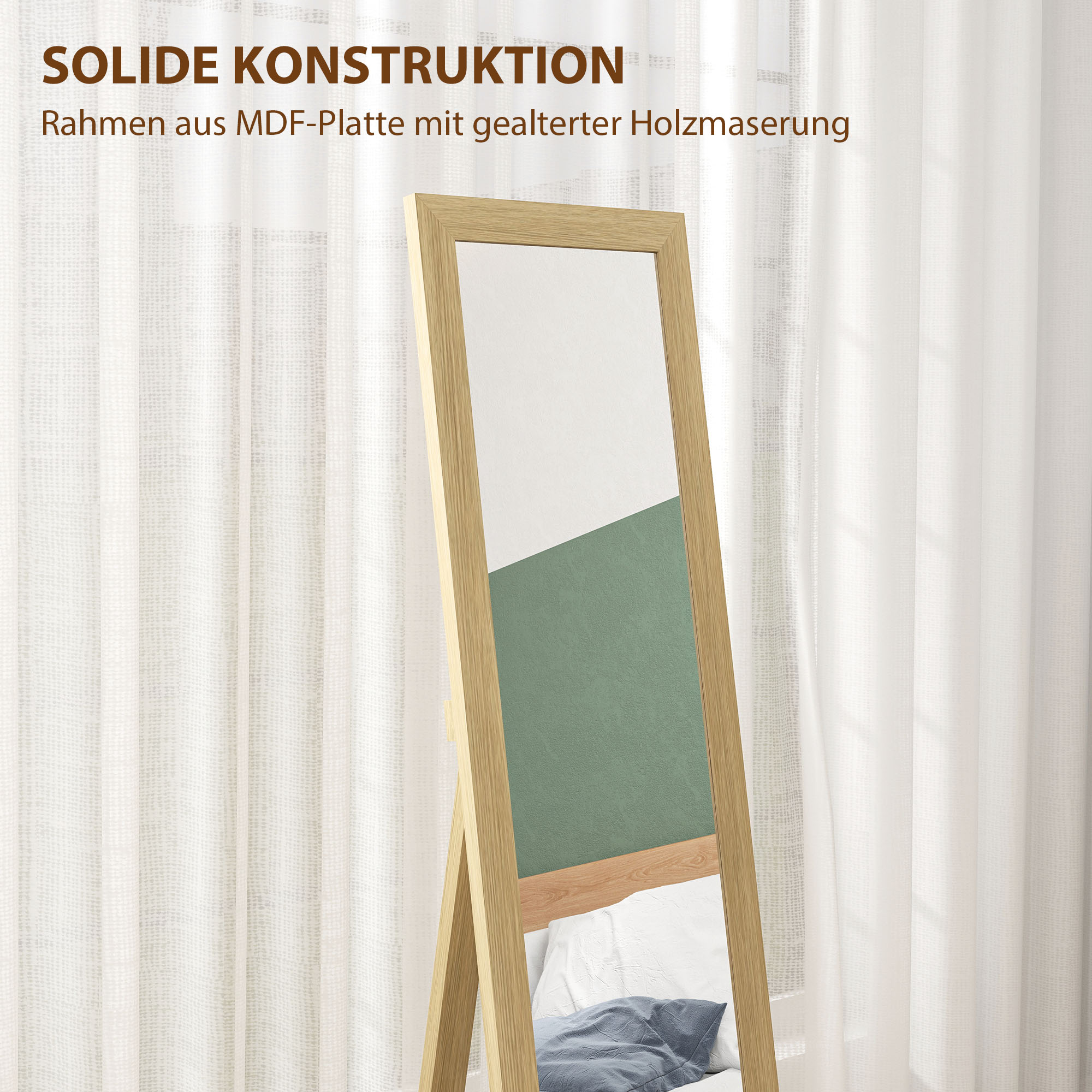 Spiegel Ganzkörperspiegel Wandspiegel, 37 cm x 40 cm x 155 cm, inkl. Befestigungshaken, Silber + Eiche