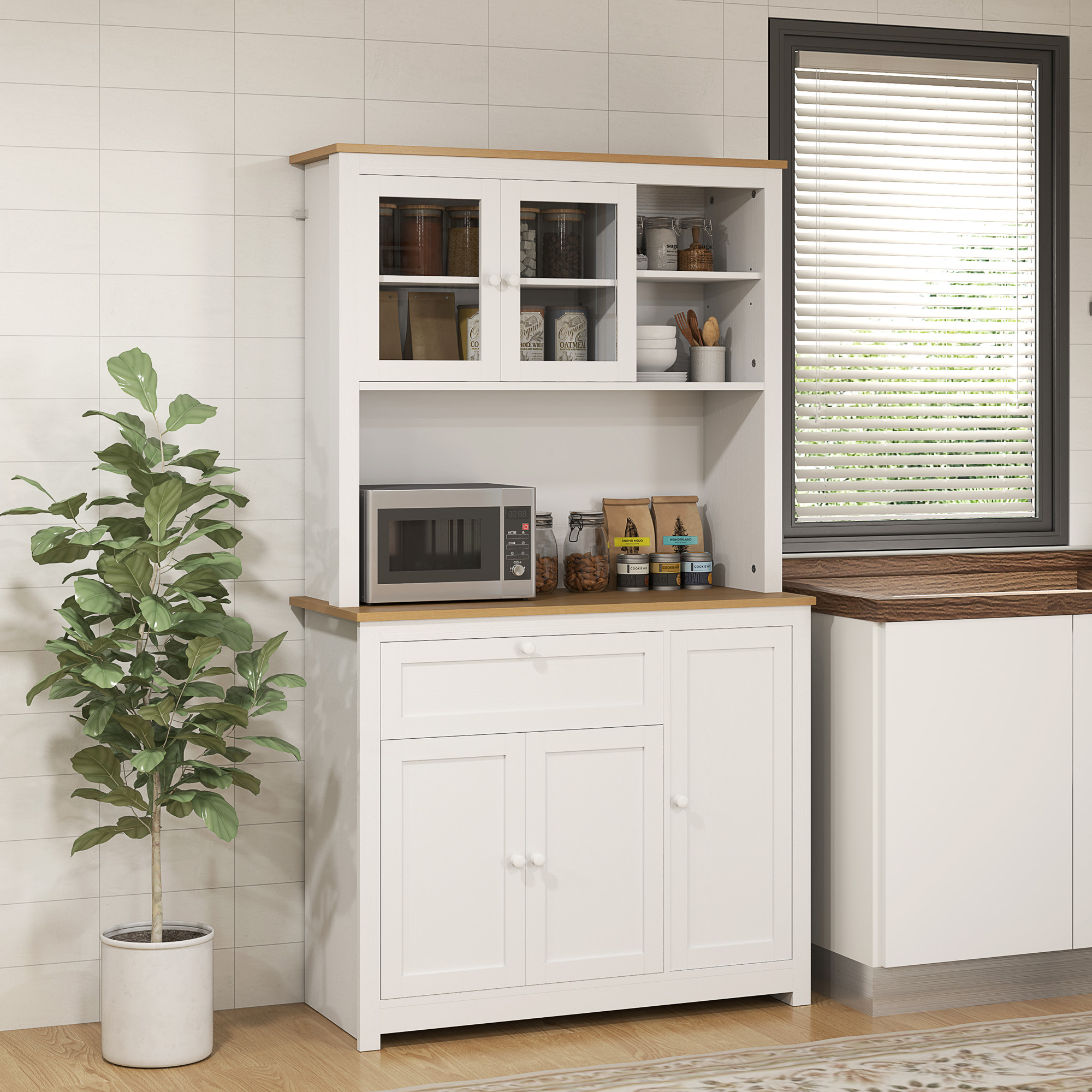 Küchenschrank im Landhausstil, 1 Vitrine, 1 offenes Regal, 1 Schublade, 2 Schränke, Natur + Weiß