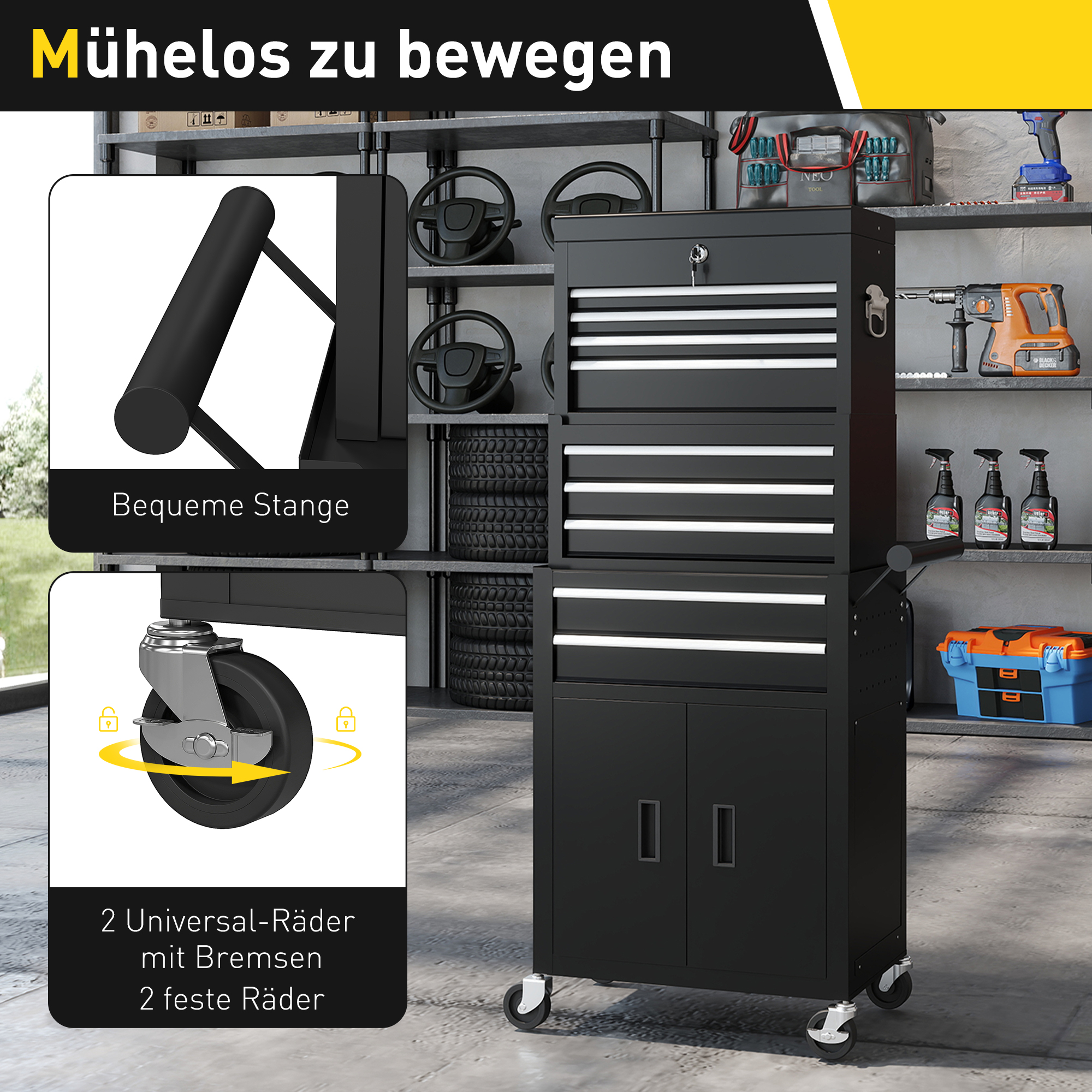 3-in-1 Werkzeugkiste, Werkzeugschrank mit 4 Rädern, verschließbarer Werkzeugkasten mit 9 Schubladen, Stahl, Schwarz