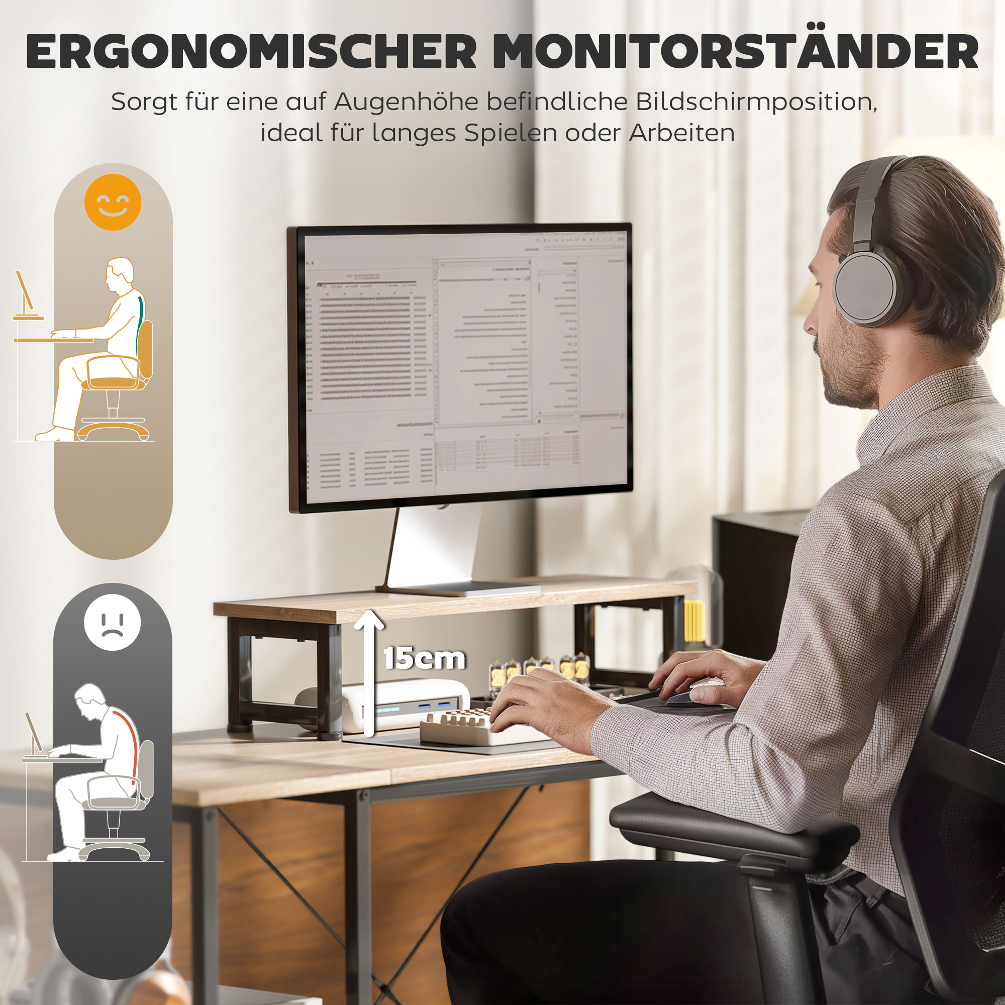 L-förmiger Schreibtisch, Vielseitiger Bürotisch mit einstellbaren Regalen und Aufbewahrungstasche, Monitorständer, Natur