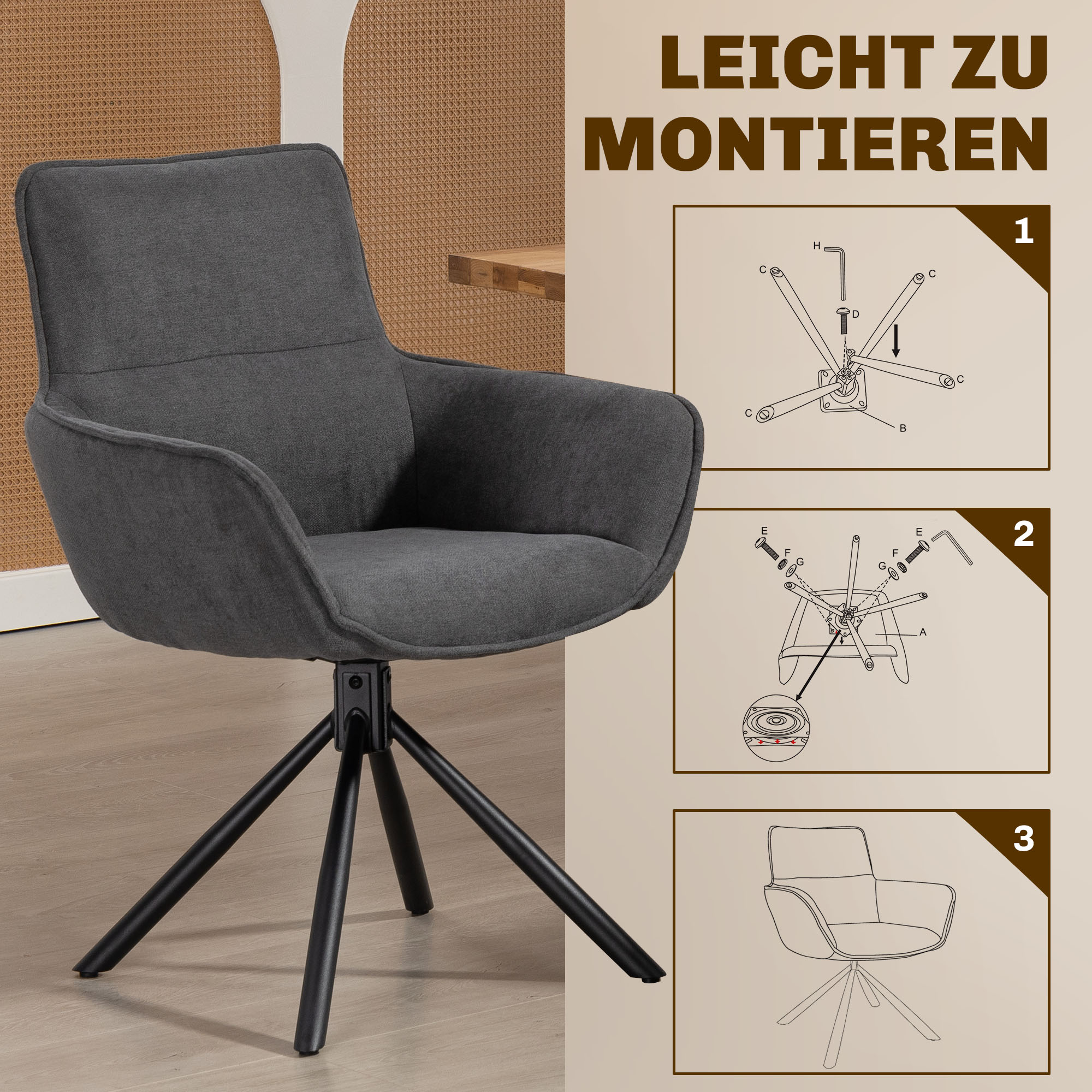 2er-Set Esszimmerstühle, drehbar, weich gepolstert, Armlehnen, Metallbeine, Dunkelgrau