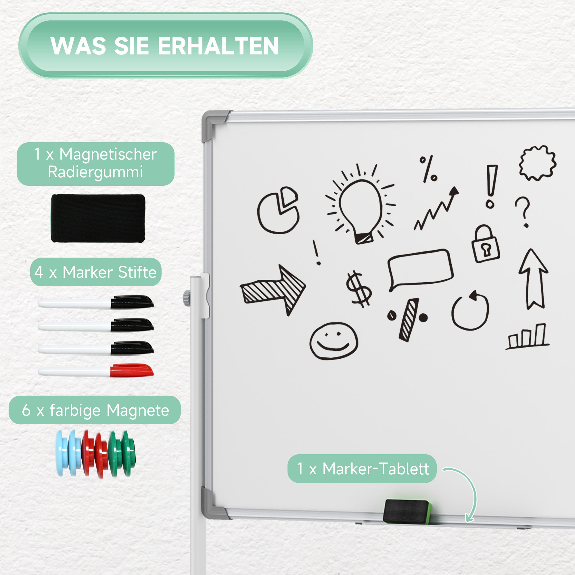 Whiteboard,120 x 90 cm, magnetisch, drehbar, mobil, inkl, Marker & Schwamm, Metallgestell, Weiß