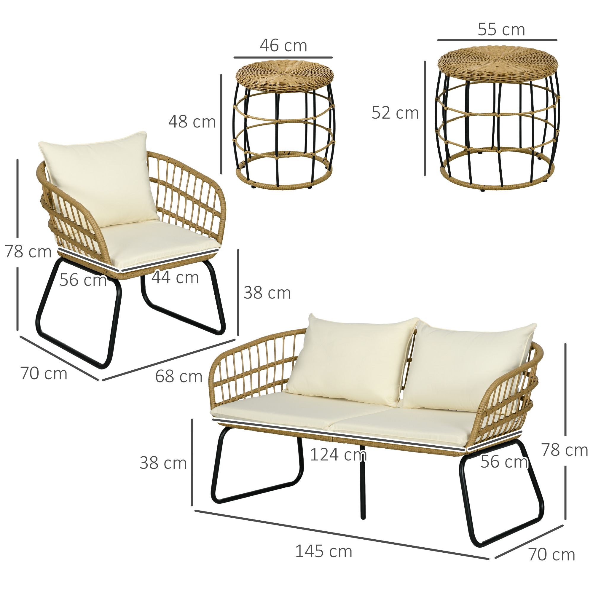 Rattansitzgruppe Lounge-Set Outdoor-Sitzgruppe, Boho-Stil, 5-teilges Set, 145 x 70 x 78 cm, Creme + Natur + Schwarz