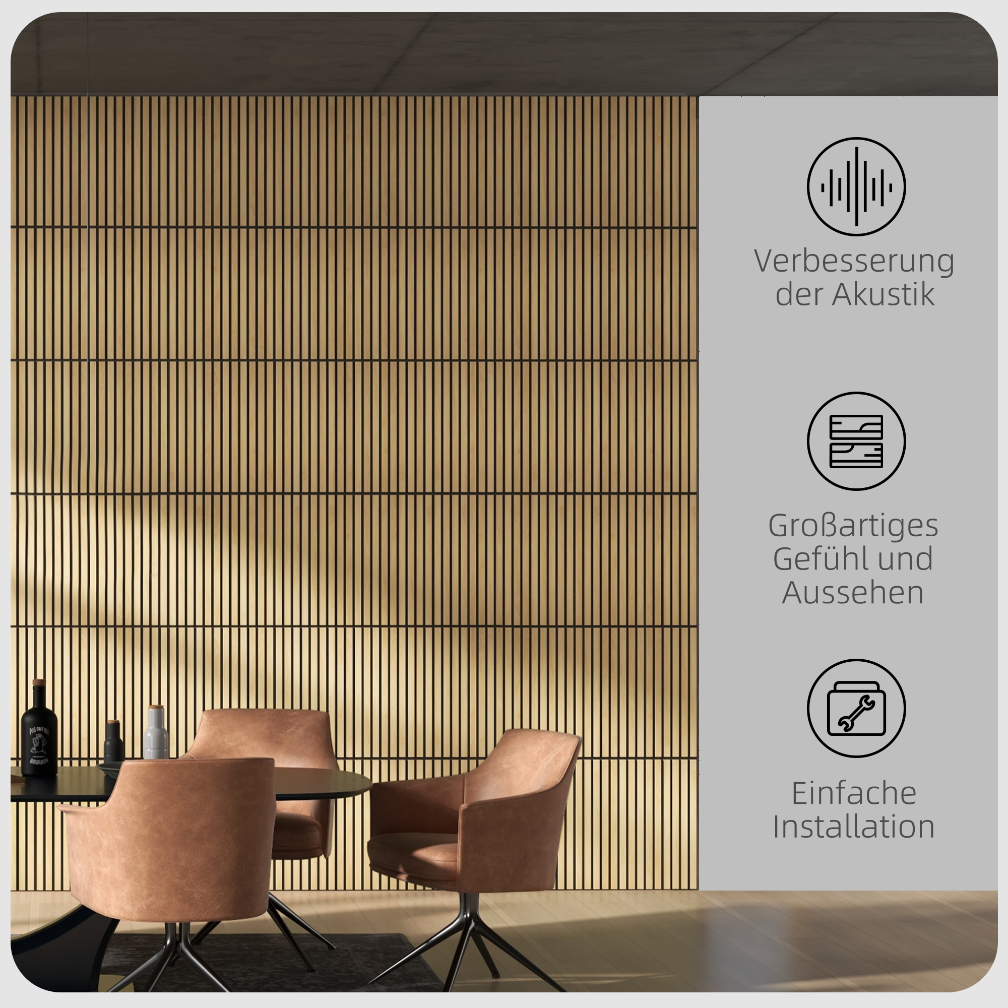 Akustikpaneel, Schallabsorption, DIY Lamellenwand, MDF & Polyester, einfache Installation, Eiche