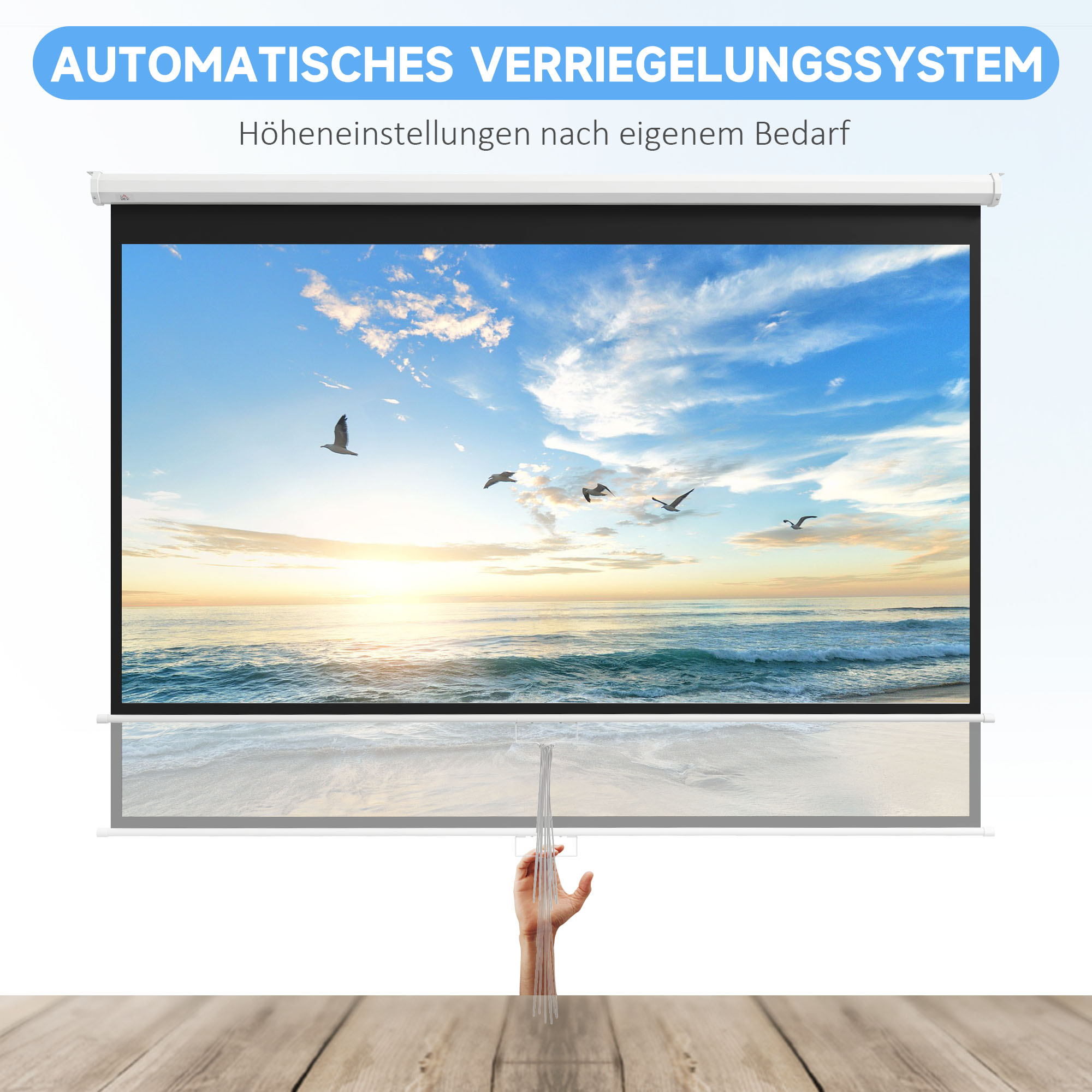 Projektorleinwand, 120 Zoll, 16:9 Format, Wand- oder Deckenmontage, Weiß