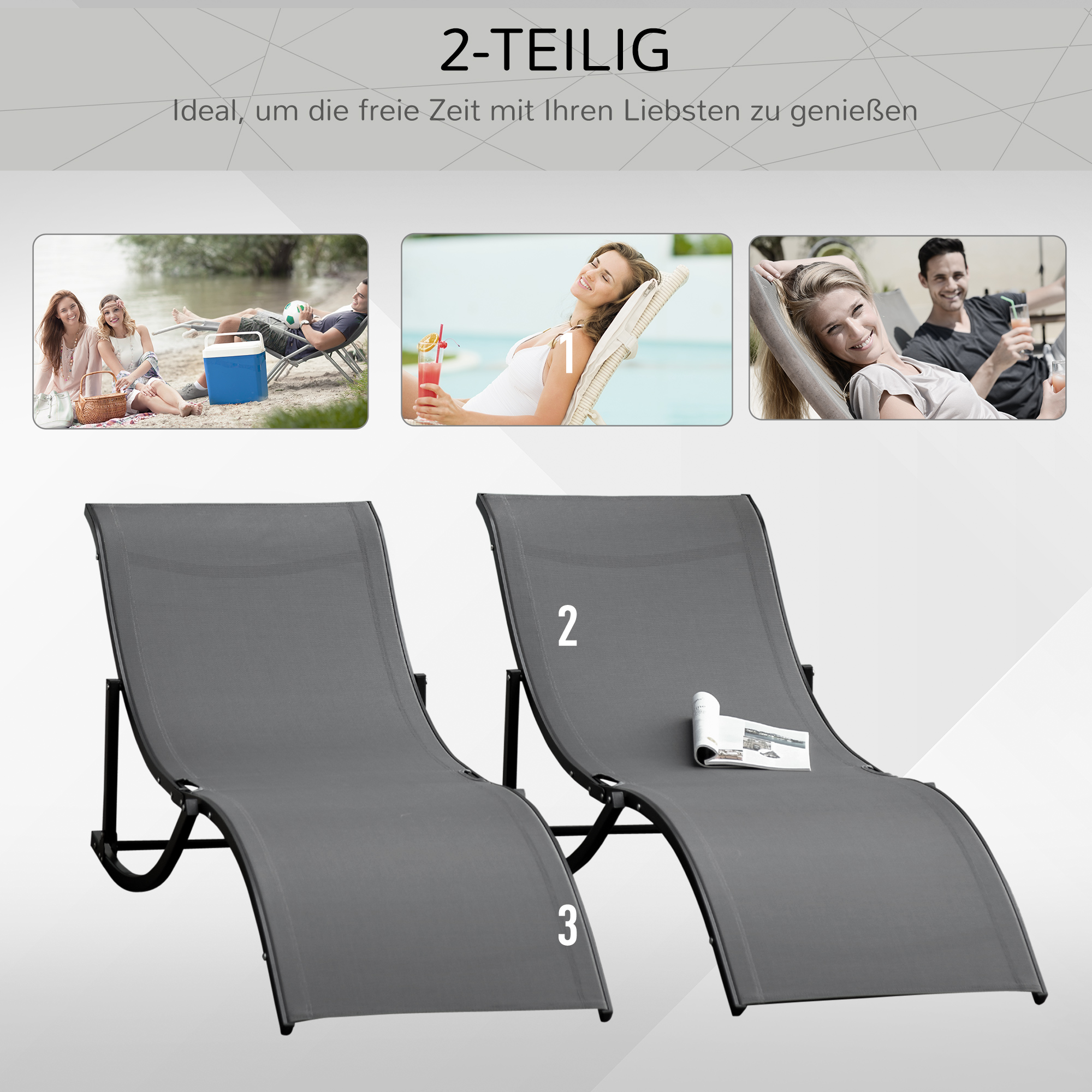 2er Set Sonnenliege Gartenliegen Stoffliege Relaxliege ergonomisch Aluminium Texteline Dunkelgrau 165 x 61 x 63 cm