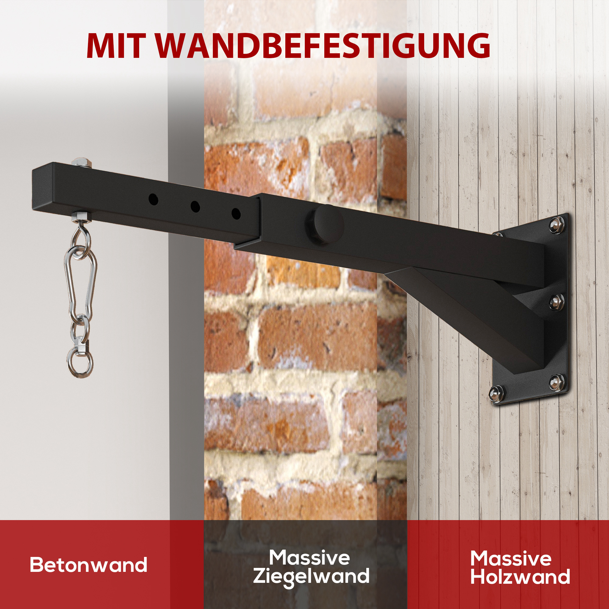 Boxsackhalterung, 5-stufig längenverstellbar, Wandmontage, bis 60 kg, Stahl, Schwarz