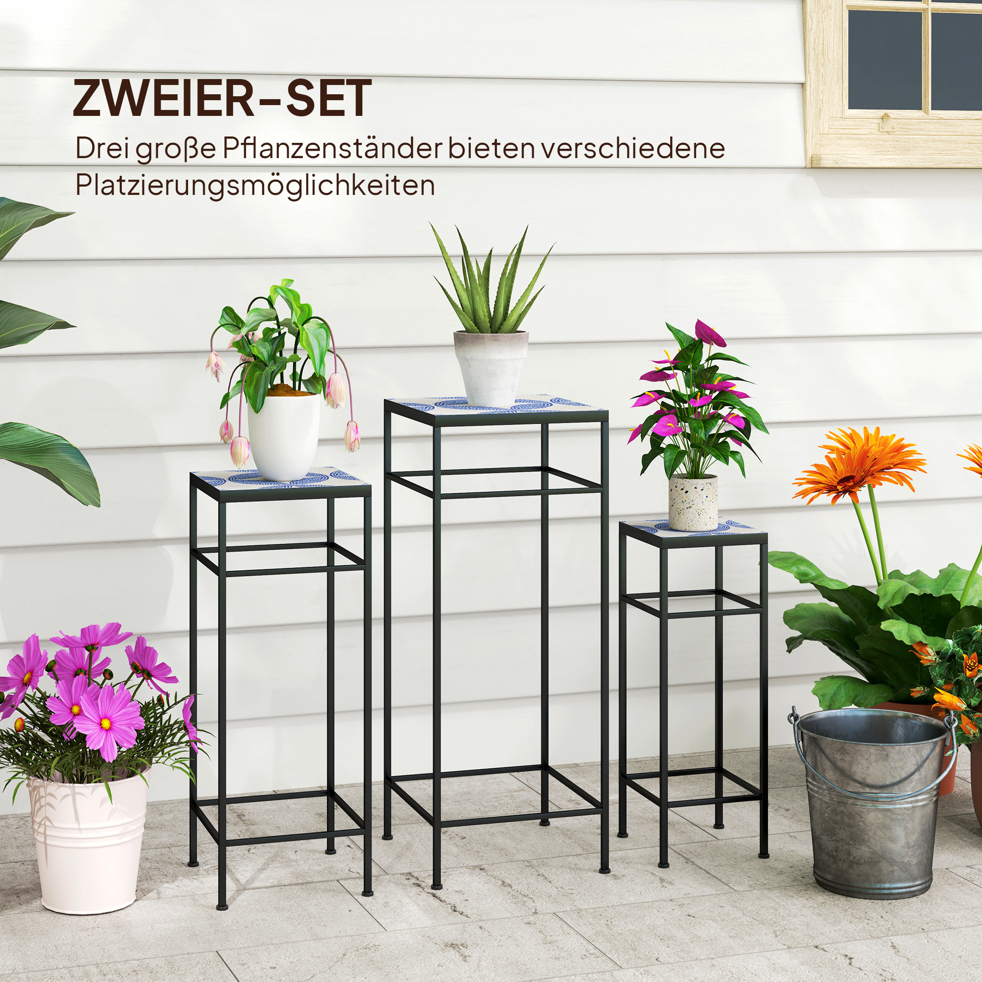3er-Set Pflanzenständer, 3 verschieden große Gestelle zum Präsentieren von Blumen und anderen Gegenständen, Blau+Weiß