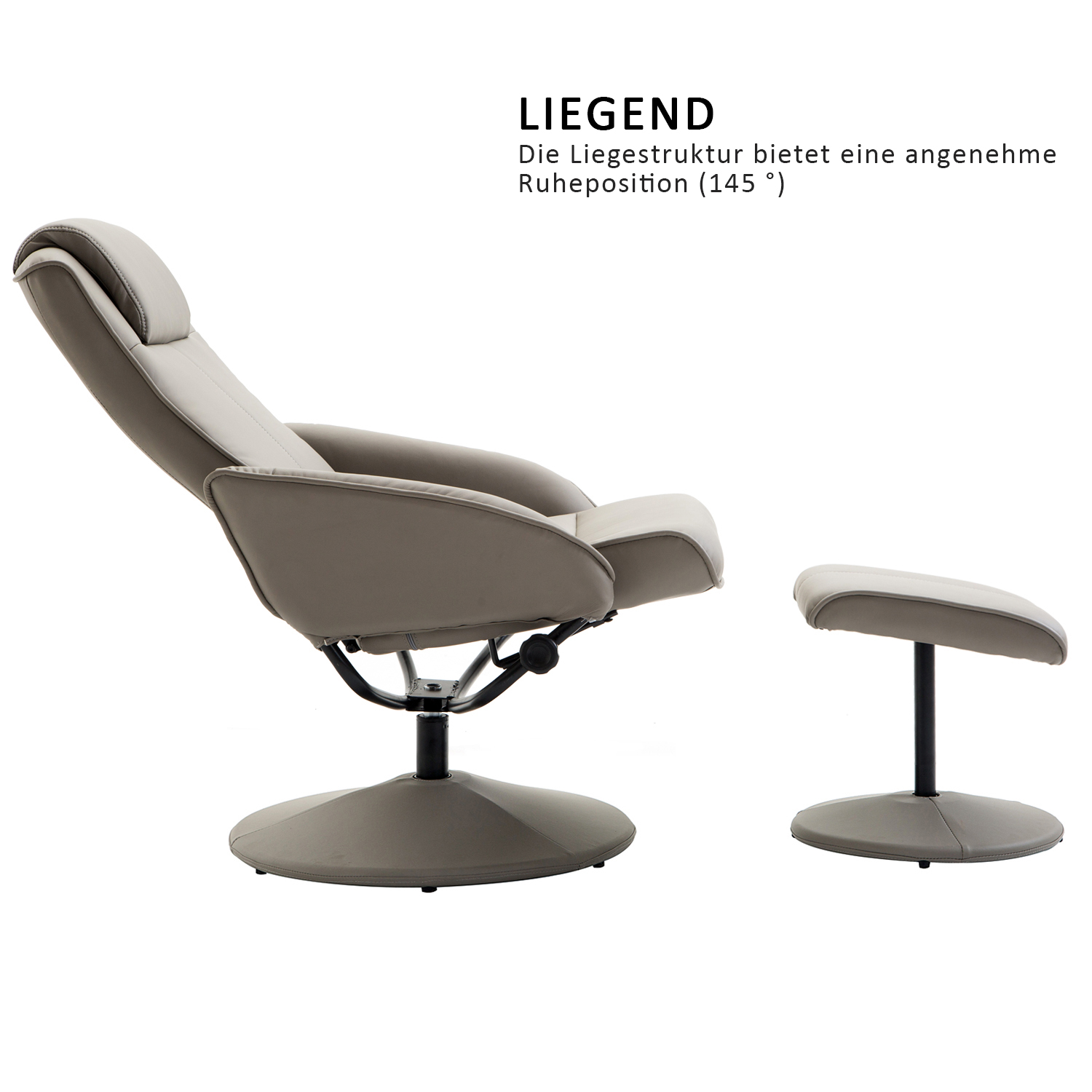 Relaxsessel mit Hocker, 360°drehbarer Fernsehsessel mit Liegefunktion, TV Sessel, Kunstleder, Lesesessel für Wohnzimmer, Schlafzimmer, Grau