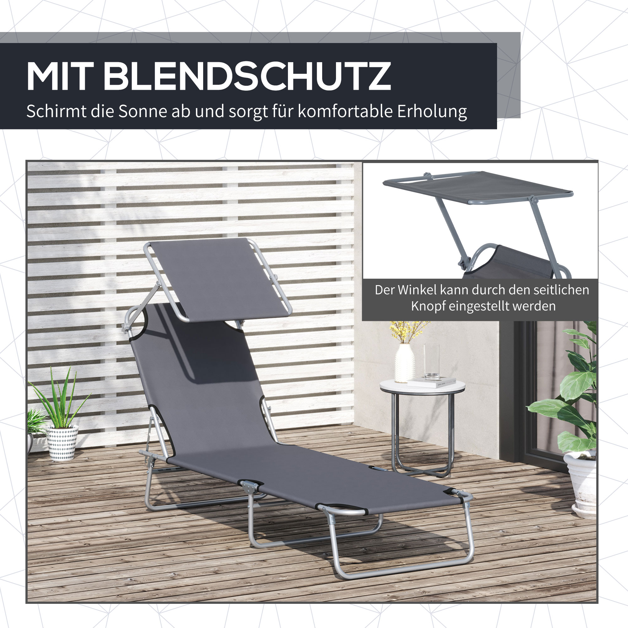 Sonnenliege klappbar Gartenliege mit Sonnenschutz Wellnessliege mit 4-Fach verstellbare Rückenlehne Strandliege bis 120kg belastbar für Garten, Balkon und Pool geeignet, 6 Farben(Grau )