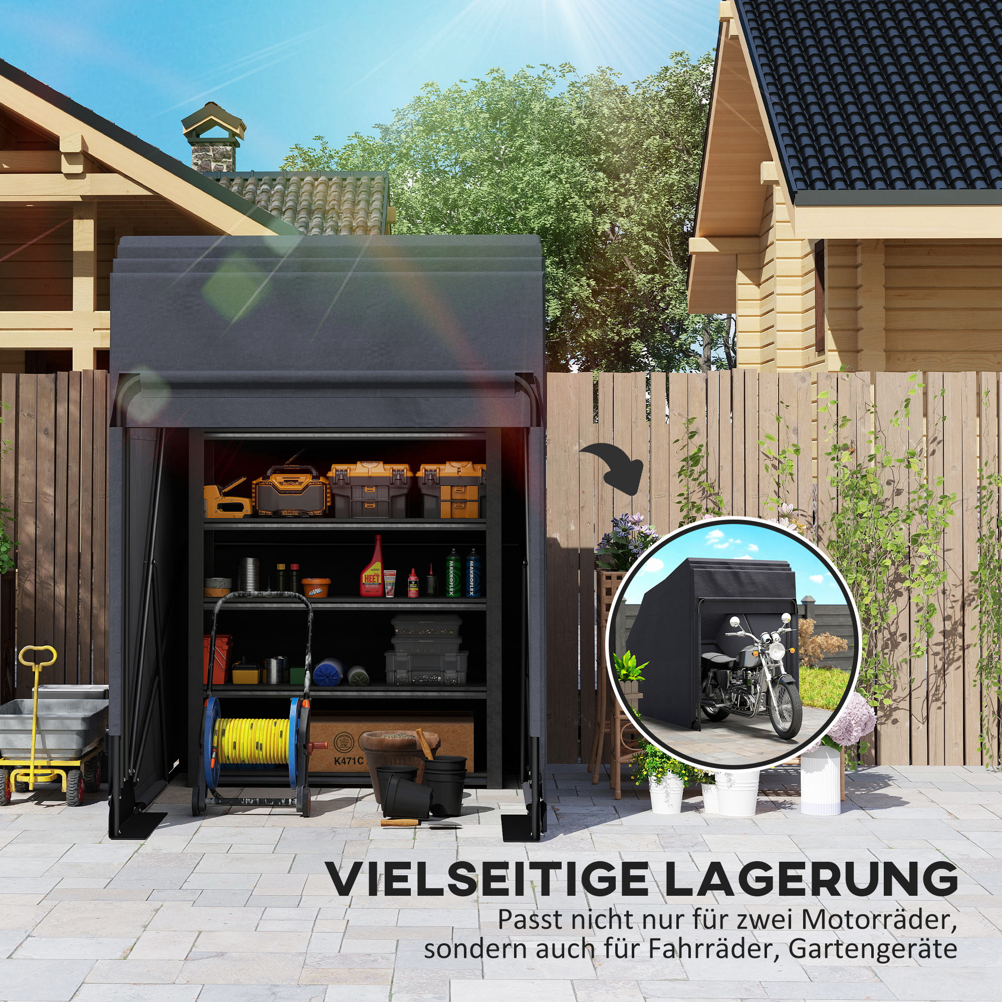 Motorrad Abdeckplane Faltbar Outdoor Motorradabdeckung Wasserdicht Winterfest XXL 345cmx135cmx191cm Schwarz