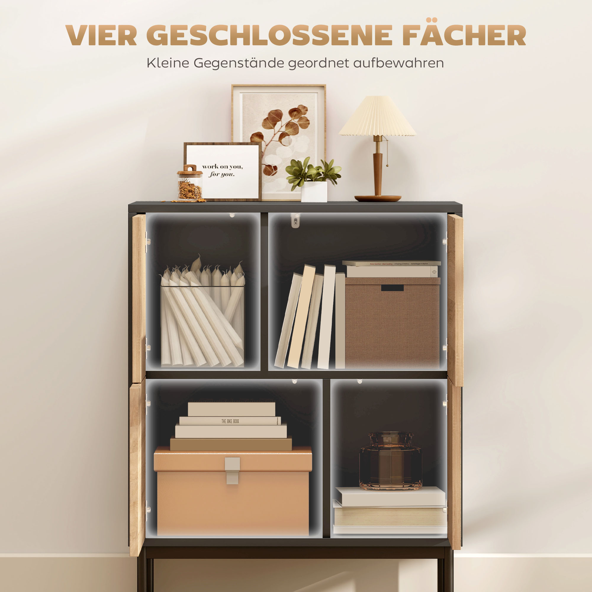 Sideboard mit Push-to-Open Türen, Esszimmerschrank mit Metallbeinen, Küchenschrank, MDF, Schwarz+Naturholz