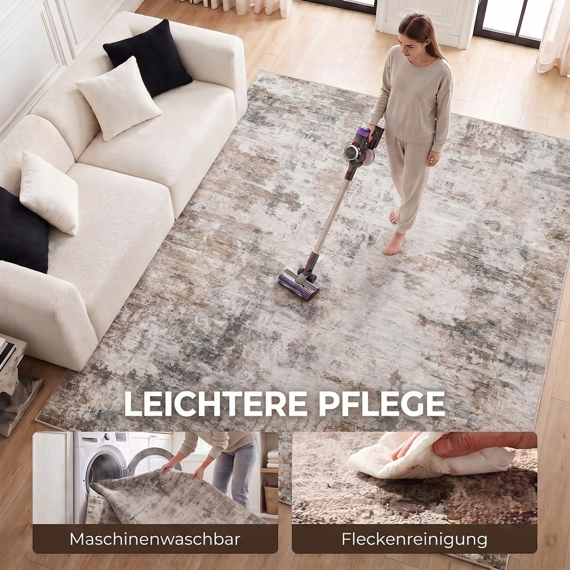 Wohnzimmerteppich, Polyester, modernes künstlerisches Muster, waschbar, Braun