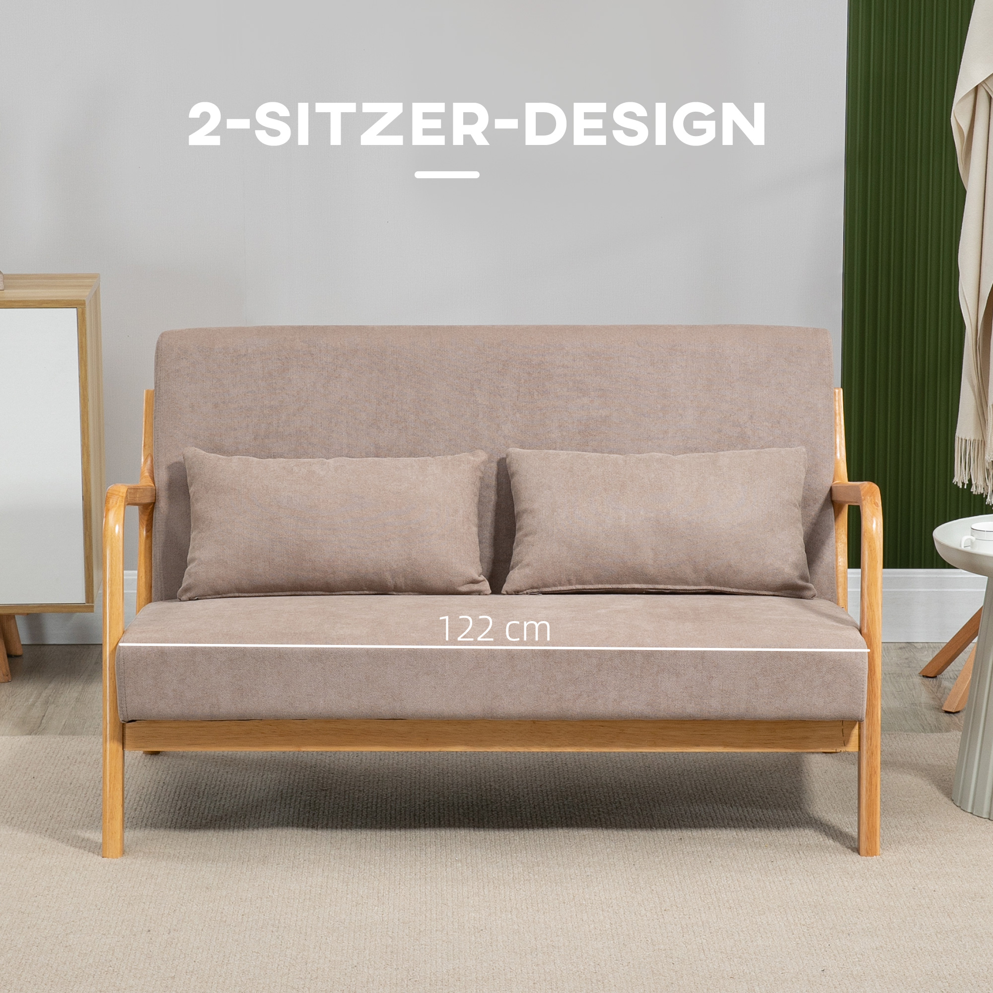 2-er Sofa, 2-Sitzer, kleines Sofa, Retrodesign, 2 Kissen, Kautschukholz, Braun + Natur