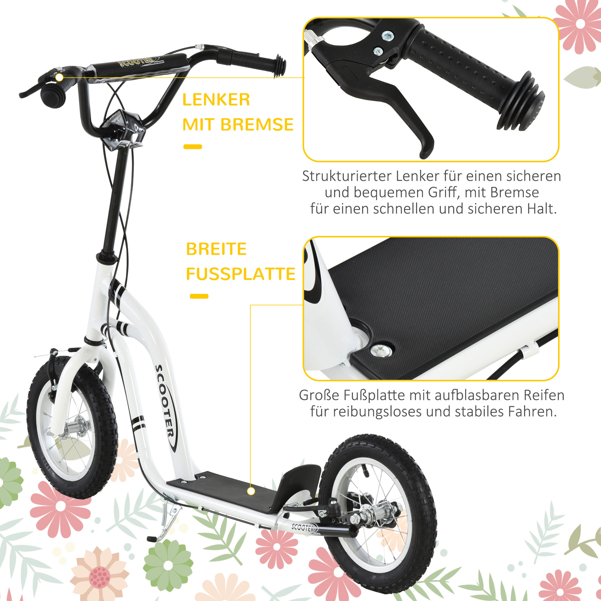 Kinderroller ab 5 Jahre Scooter Kinderscooter Tretroller Cityroller Kinder Roller Kickboard mit Luftreifen 12 Zoll Gummi Aluminium Weiß 120 x 58 x 85-95 cm