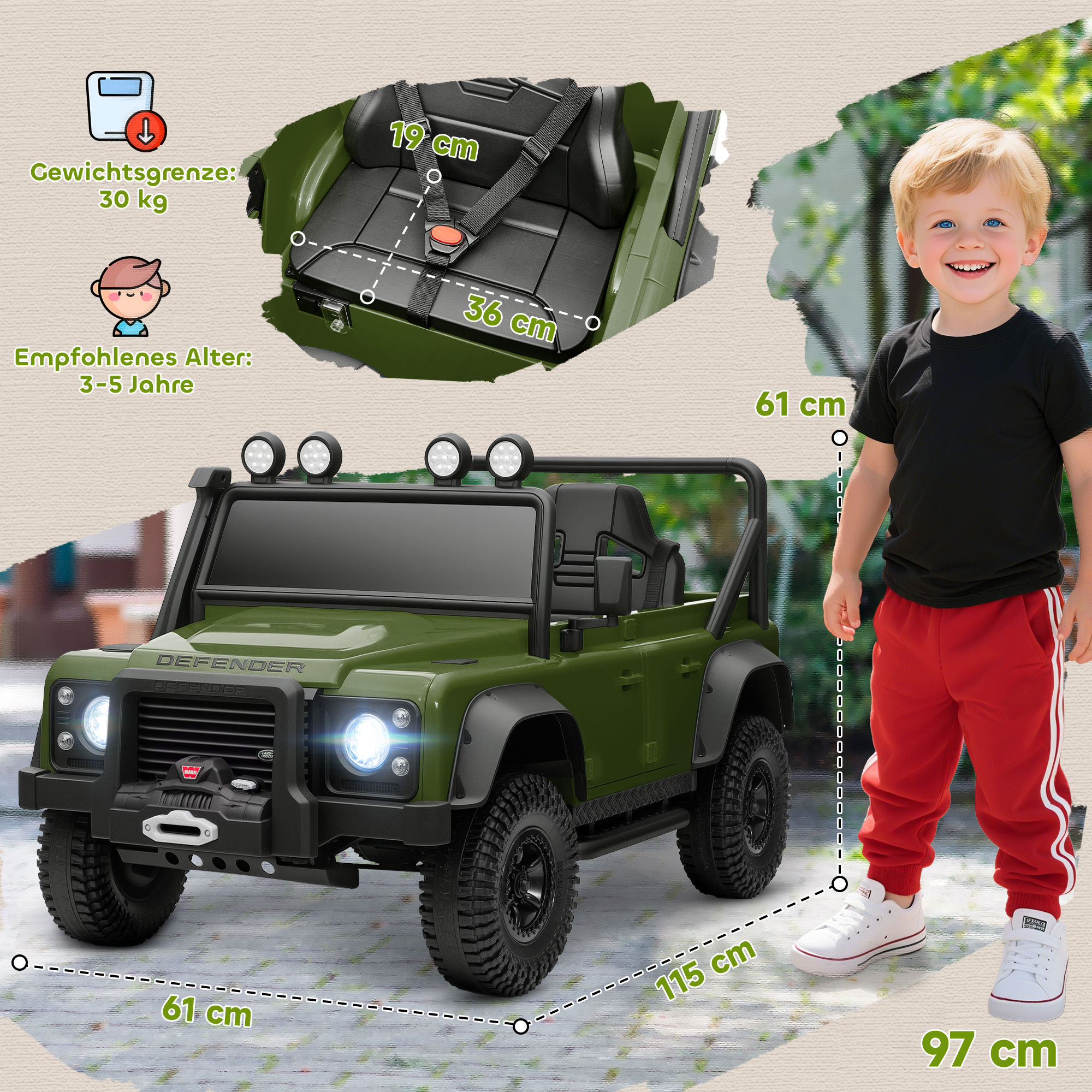Kinder-Elektroauto, 12V Batterie-Betrieb, Fernbedienung, Musik-Funktion, Hupe, LED-Lichter, Grün
