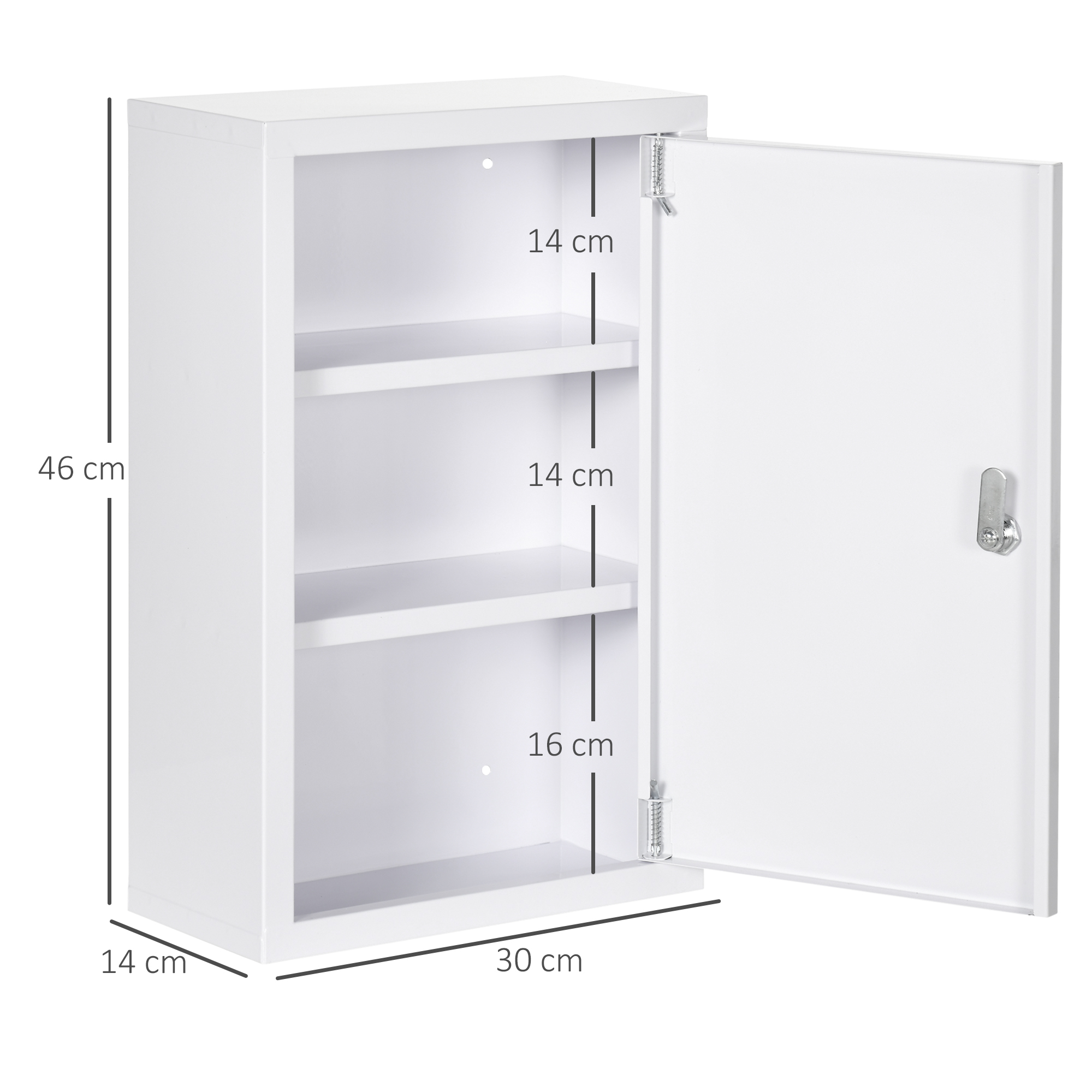 Medizinschrank, abschließbar, Einlegeböden, Stahlgehäuse, 30x14x46 cm, Weiß