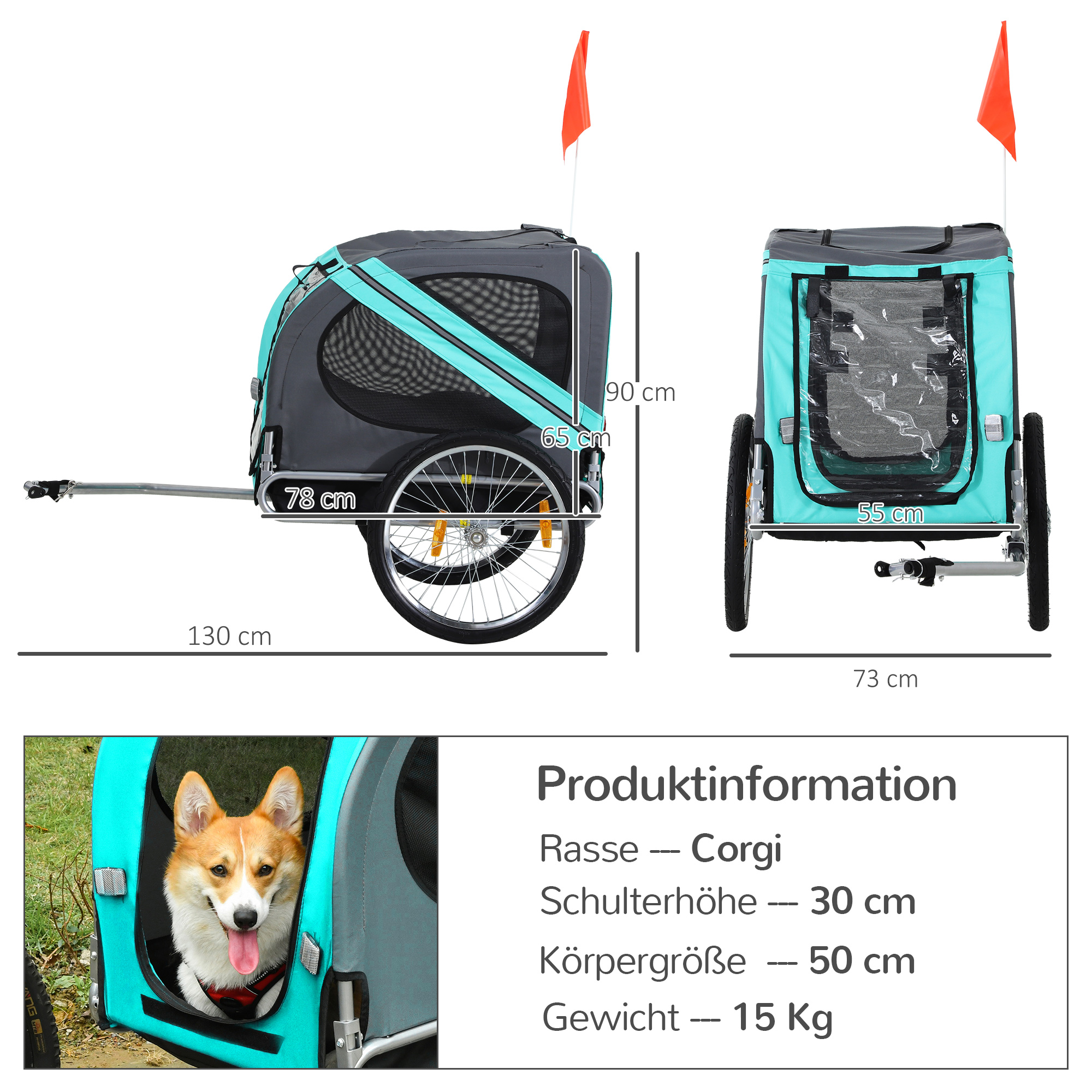 Haustieranhänger Hundeanhänger Fahrradanhänger bis 20kg klappbar Reflektor Regenschutz Stahl Grau + Grün 130 x 73 x 90cm
