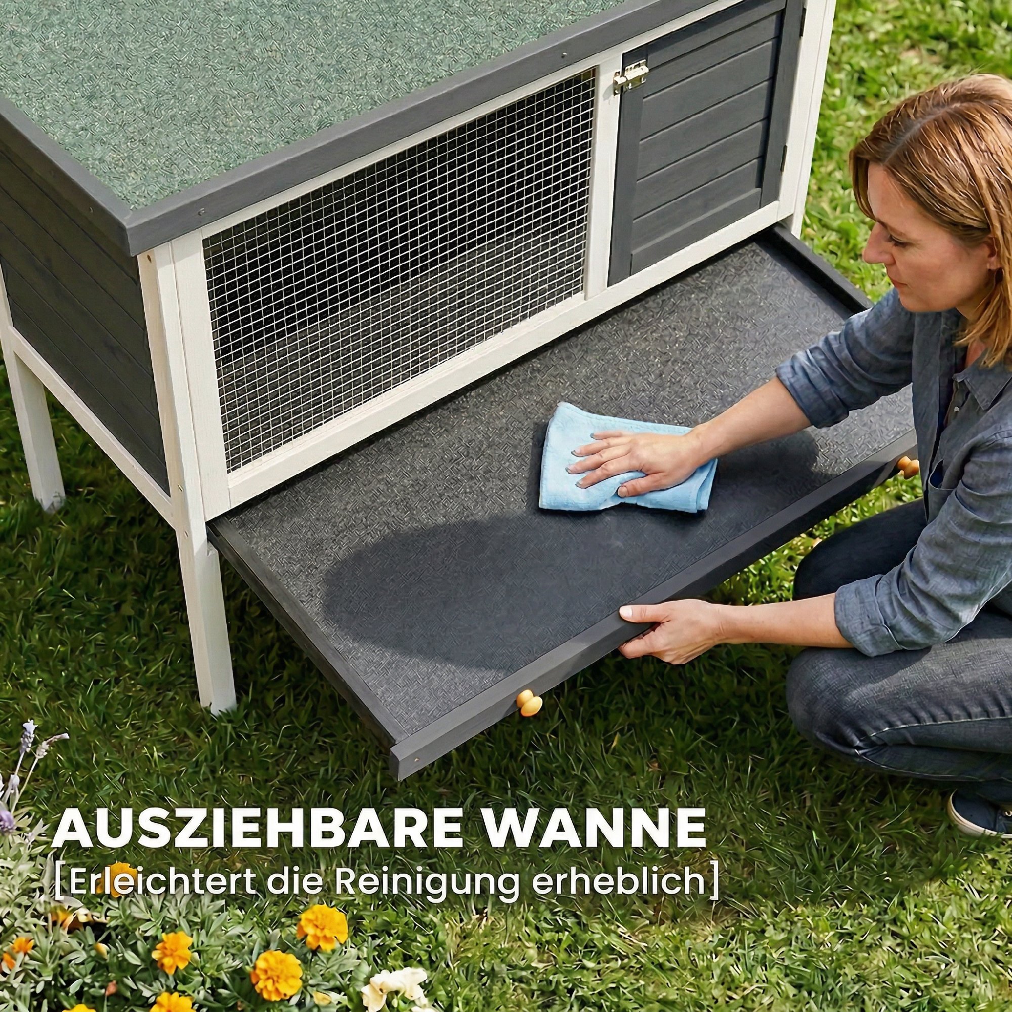Hasenstall erhöhter Kaninchenstall aus Holz mit aufklappbar Bitumendach herausziehbarer Schublade 90x45x65 cm Grau