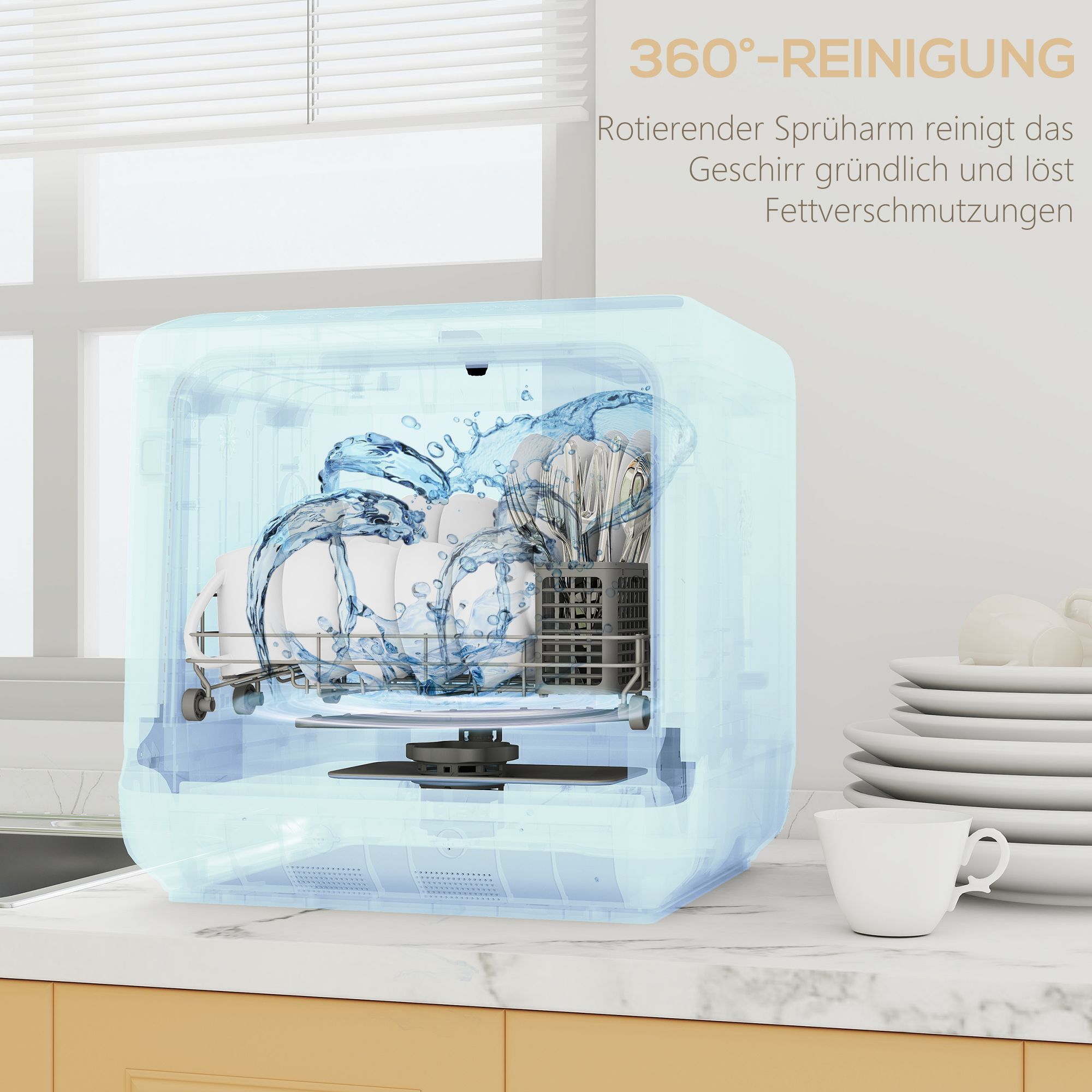 Tischgeschirrspüler, Mini-Geschirrspüler mit 6-Liter-Tank, 5 Programme, LED-Anzeige, Trocknungsfunktion, Weiß