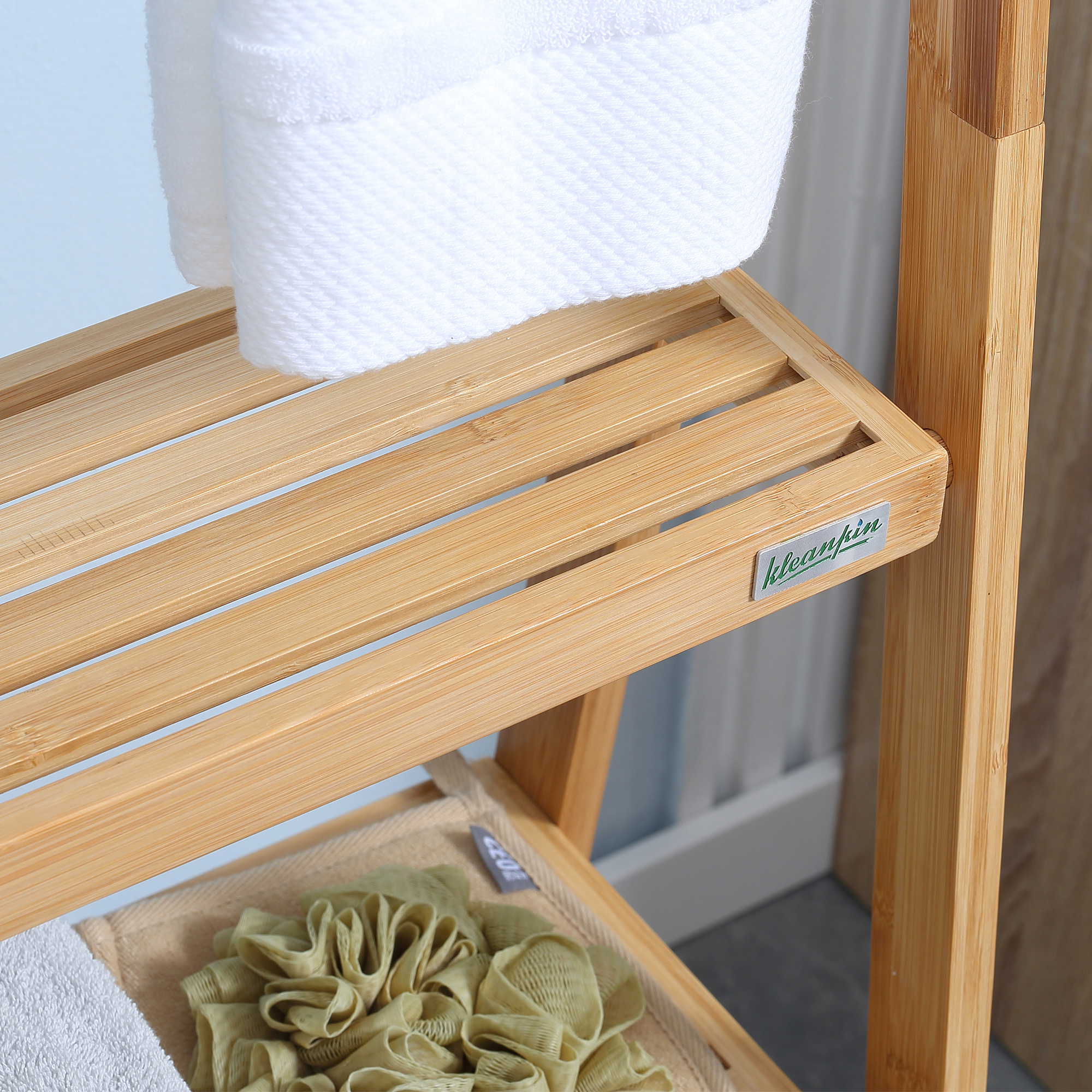 Handtuchleiter aus Bambus mit Regalen, 3 Regale, 3 Handtuchhalter, klappbar, 53 cm x 30,5 cm x 152 cm, Natur