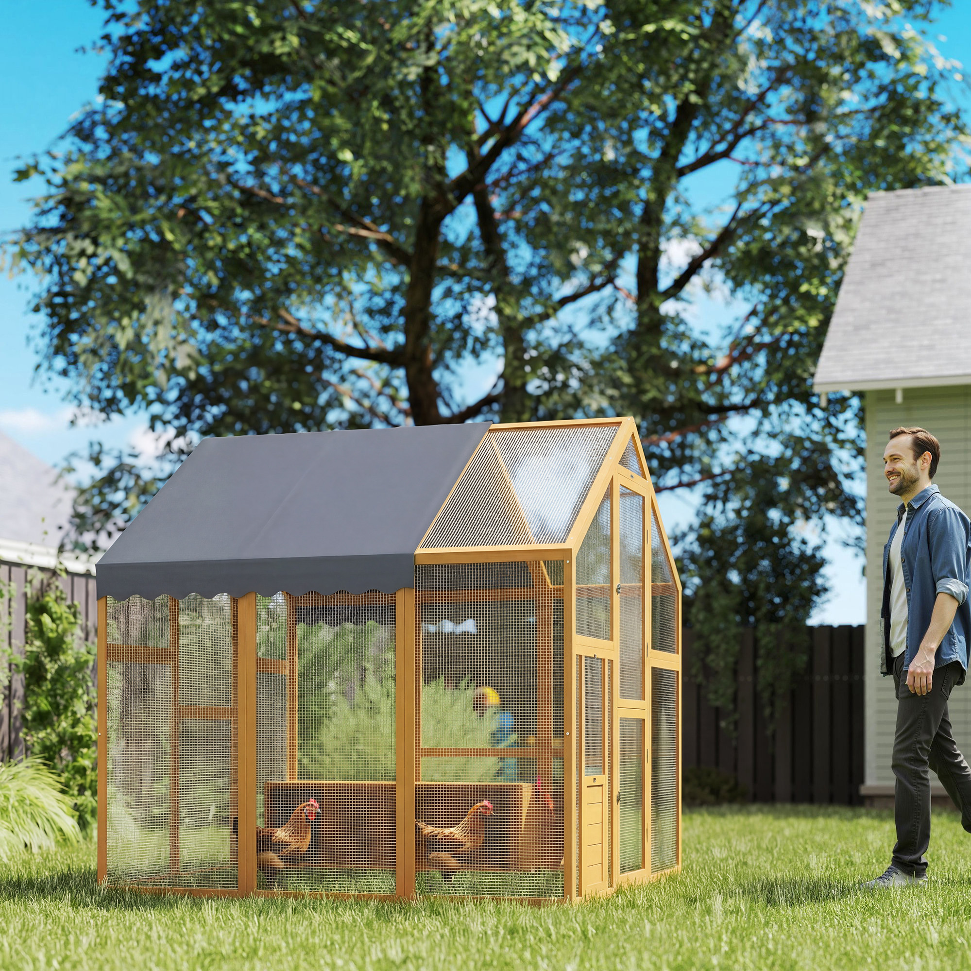 Hühnerstall 3,07? Freilaufgehege Holz mit wasserdichtem Tuch, Sicherheitsschloss, für 6-8 Hühner 1,7 x 1,8 x 1,8 m