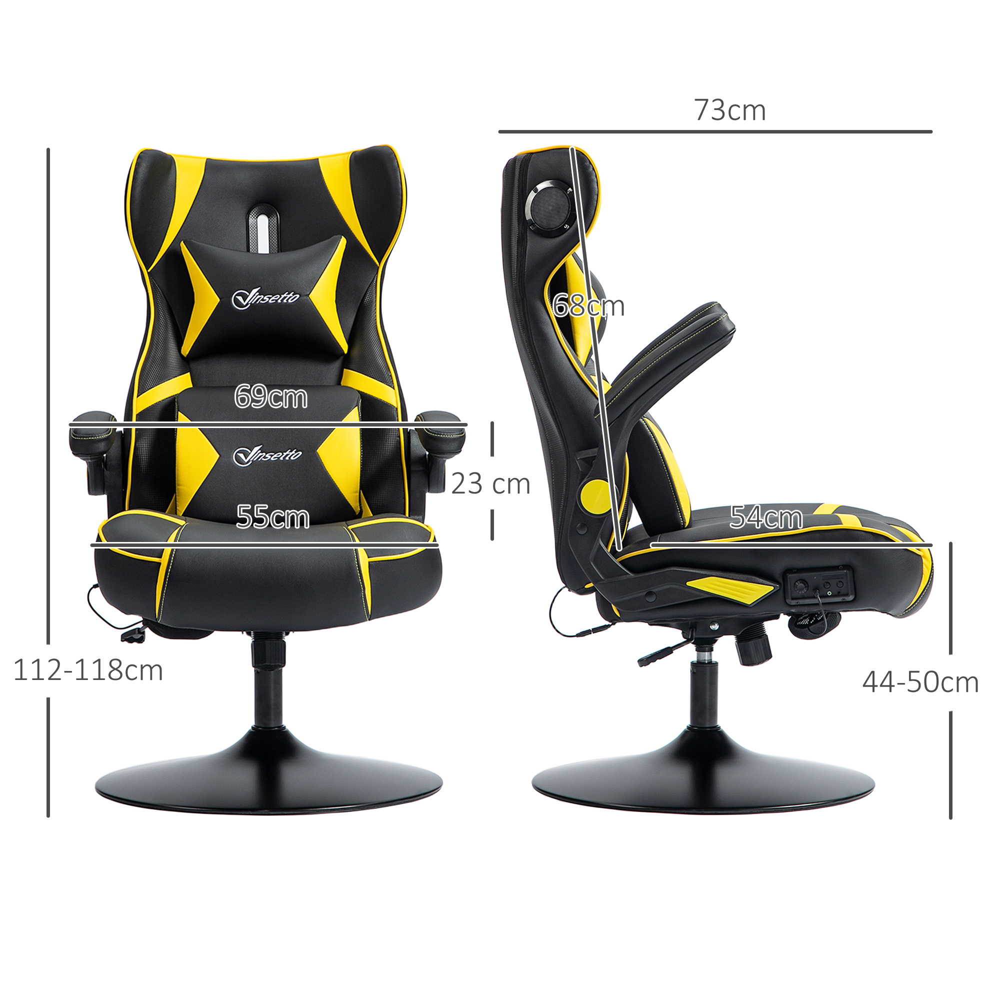 Gaming Stuhl mit Schaukelfunktion und Lautsprecher, Lenden- und Nackenstütze, für Spielzimmer, Kunstleder, Gelb+Schwarz