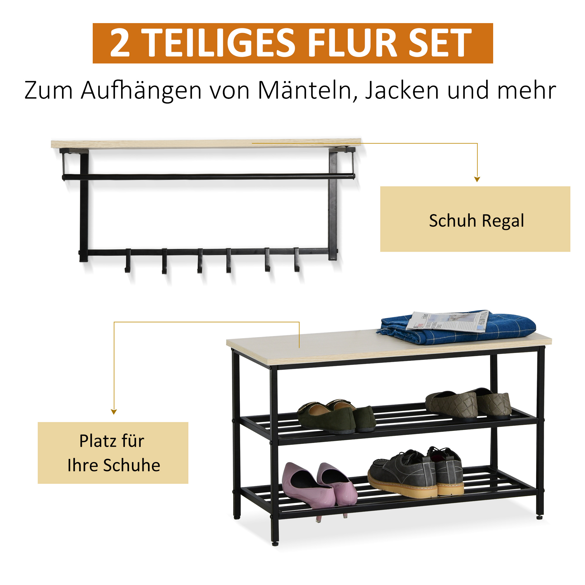 2-in-1 Garderobenset Flurgaderobe mit Sitzbank Wandgarderobe für Eingangsbereich, 6 Haken, Natur+Schwarz, 75 x 30 x 45 cm(Sitzbank)