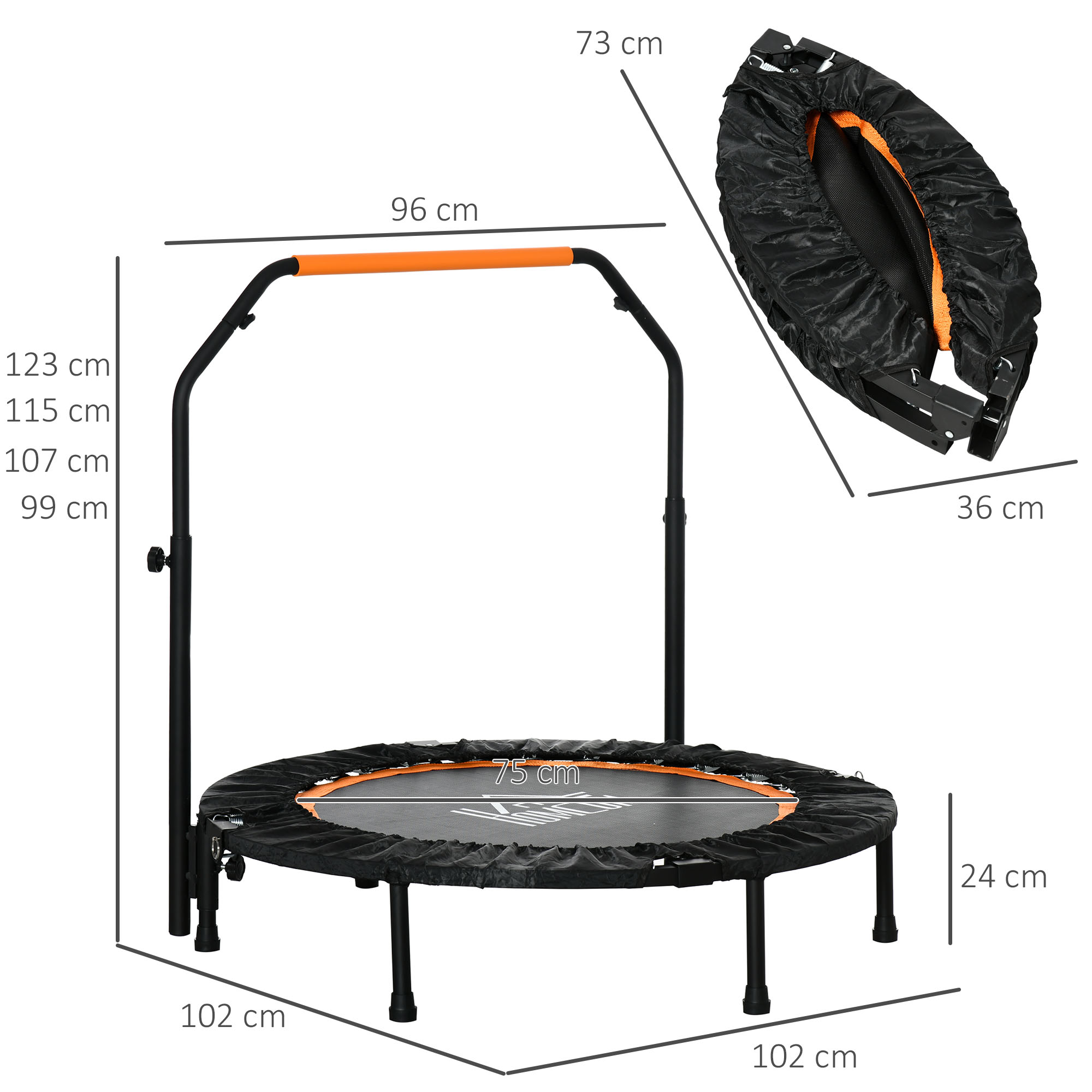 Fitnesstrampolin, klappbar, verstellbarer Haltegriff, Ø102 x 123H cm, bis 150 kg, Schwarz