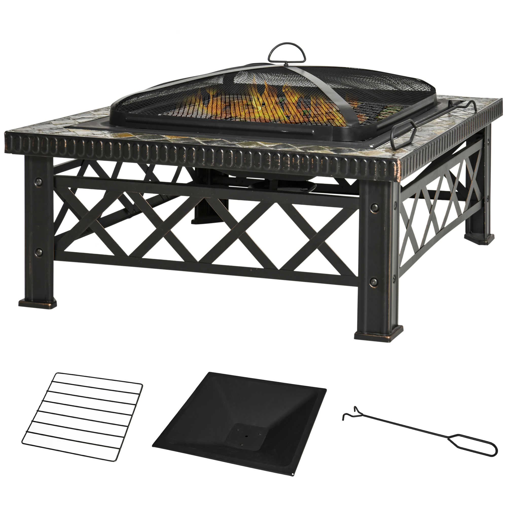 3-in-1 Feuerschale Feuerkorb Feuerstelle mit Funkenschutz Grillrost Eiskübel Garten BBQ Schwarz 76cm x 76cm x 47cm