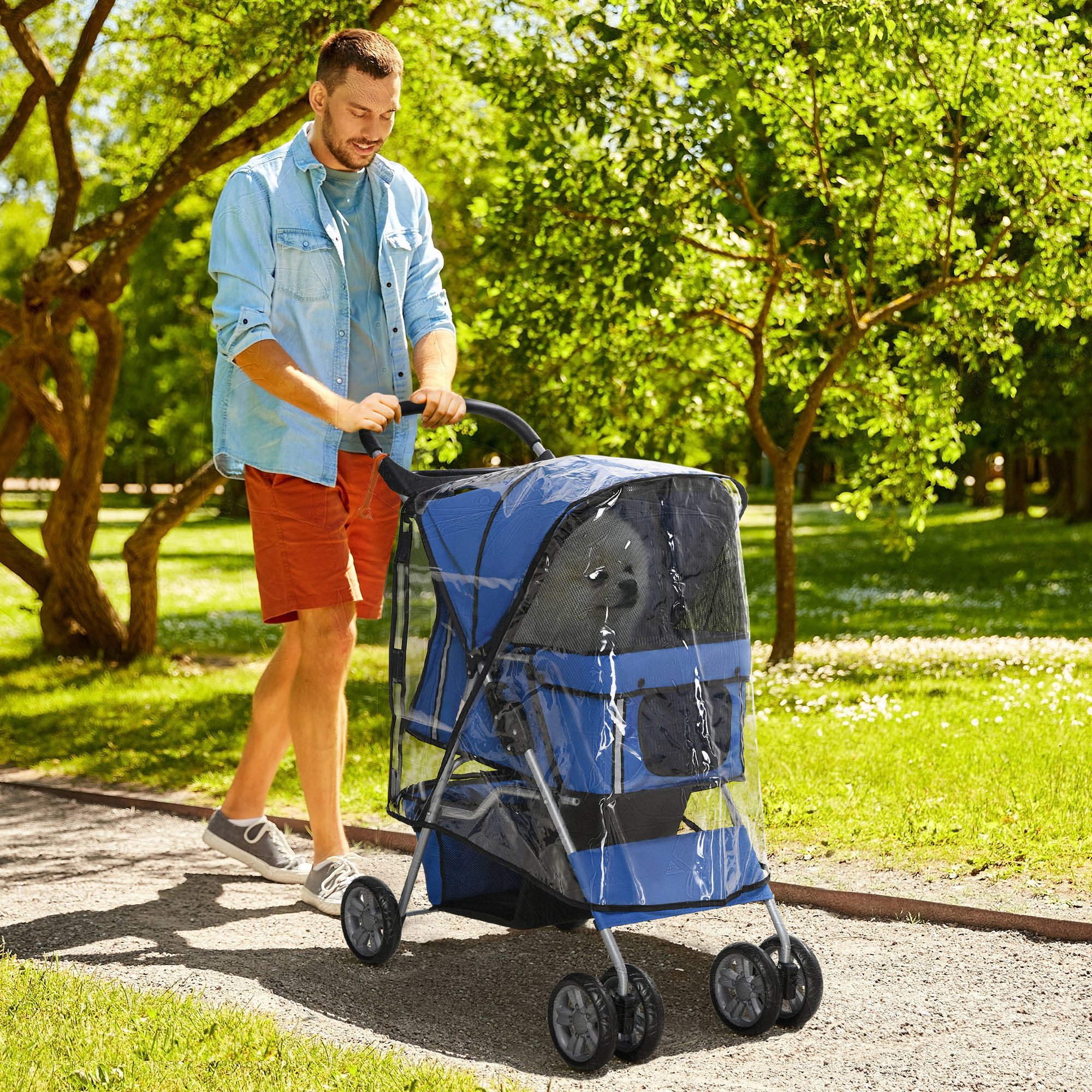 Hundebuggy Hundewagen bis 10 kg Klappbar Regenschutz Bodenkorb 2 Becherhalter 75 cm x 45 cm x 97 cm, Blau