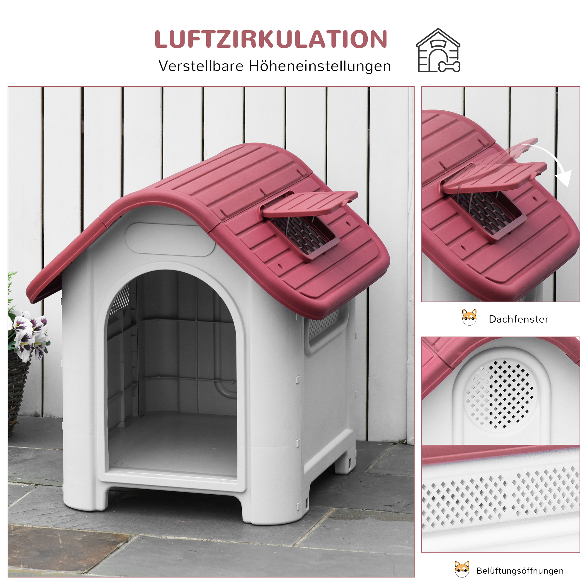 Hundehütte Outdoor, Hundehaus mit Dachluke Tor Unterschlupf, Wasserdichte Hundehöhle mit Luftzirkulation Hütte für kleine Hunde, draußen Rot+Hellgrau 59 x 75 x 66 cm