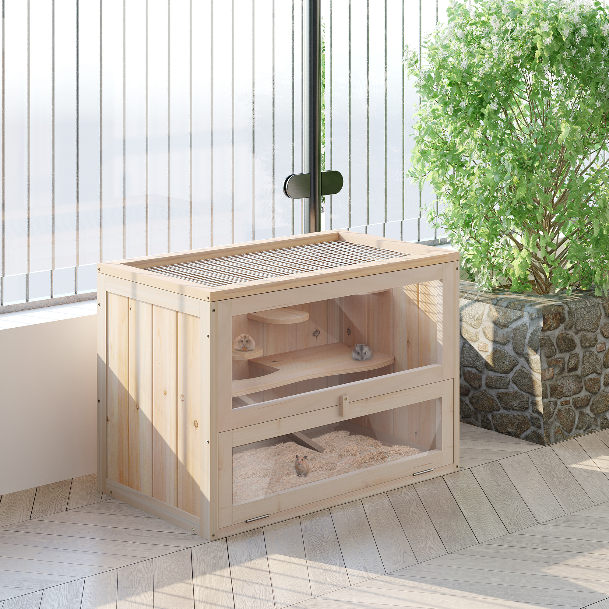 Hamsterkäfig aus Holz 2 Etagen 60 x 35 x 42 cm Nagerkäfig Kleintierkäfig mit aufklappbarem Gitterdach Trinkflasche Rampe Wippe Fütterungsstation Mäusekäfig für Zwerghamster Naturholz