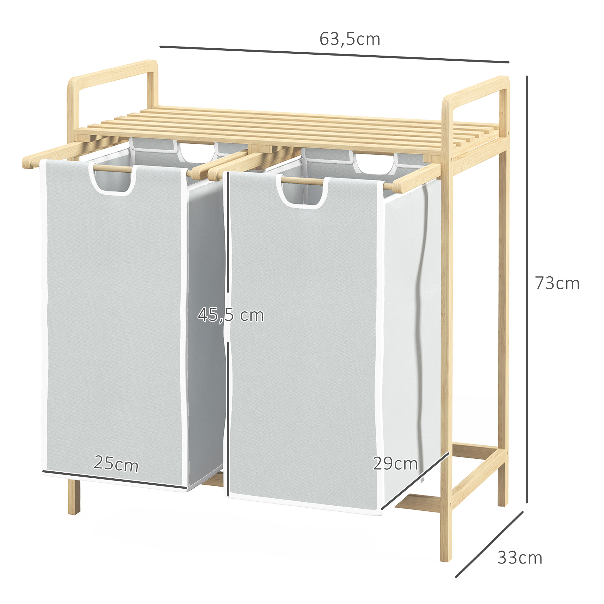 Wäschekorb mit 2 Waschsäcken, 1 Ablage, Bambus, 63,5 cm x 33 cm x 73 cm, Hellgrau + Natur